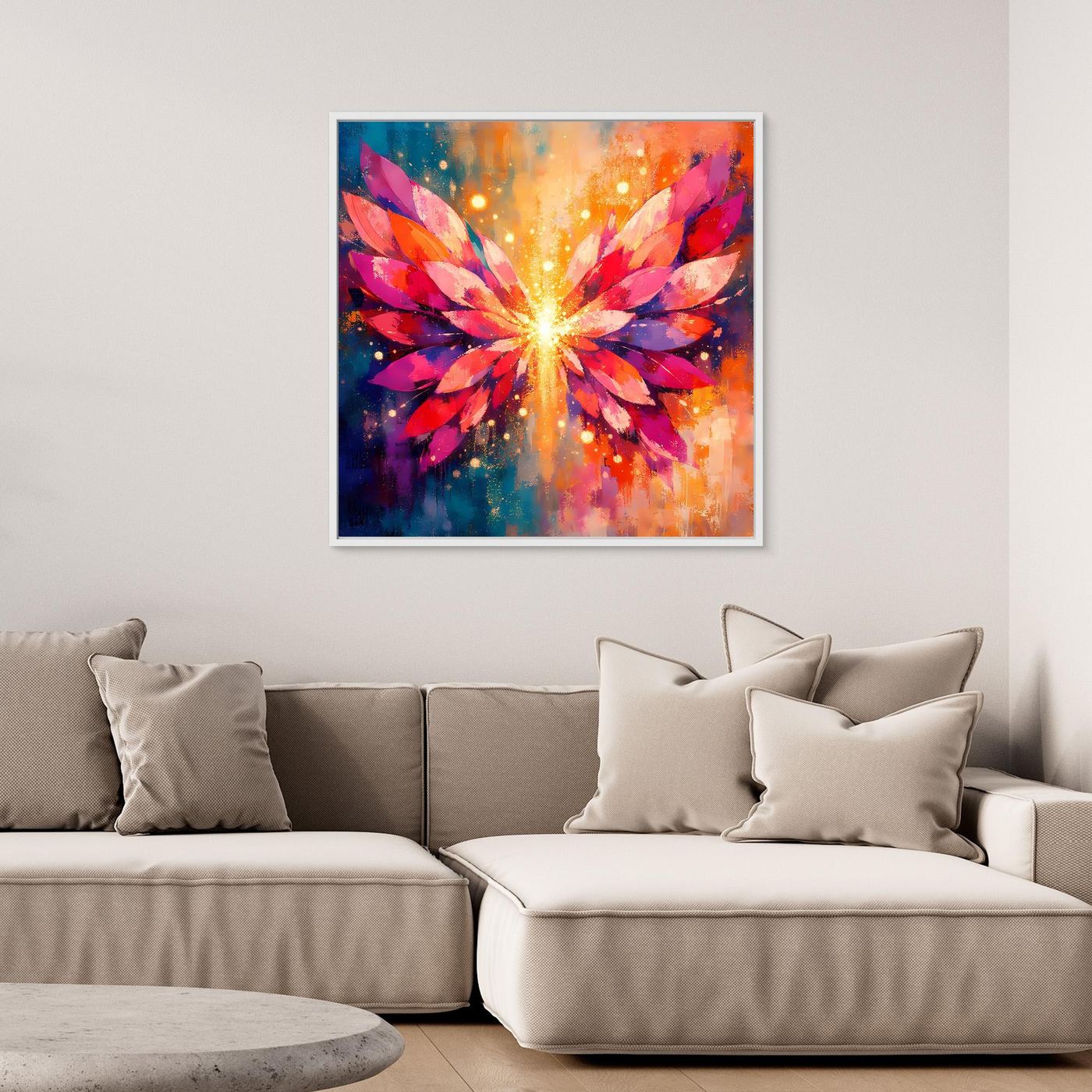 Quadratisches Leinwand-Wandbild, flügelartige Farbstreifen im bunten Lichtstrahl