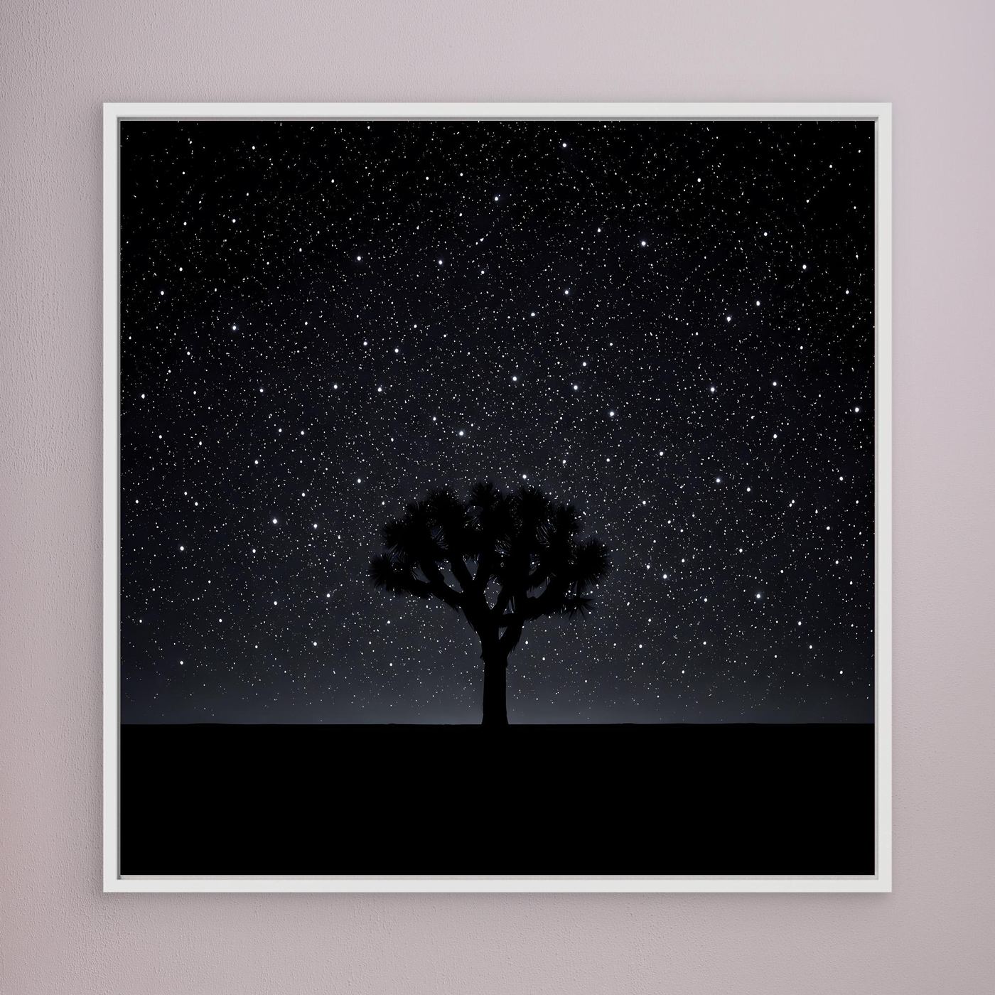 Leinwandbild Sternenhimmel mit Baum-Silhouette, dunkler Horizont, weißer Rahmen