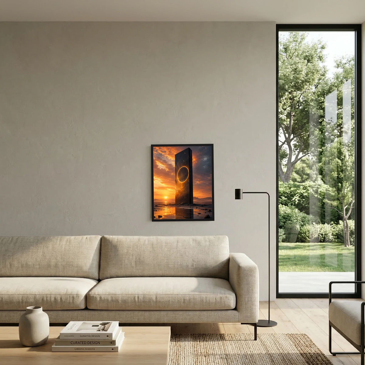 Hochformat-Poster an der Wand mit schwarzem Monolithen und goldenem Portalring bei Sonnenuntergang.