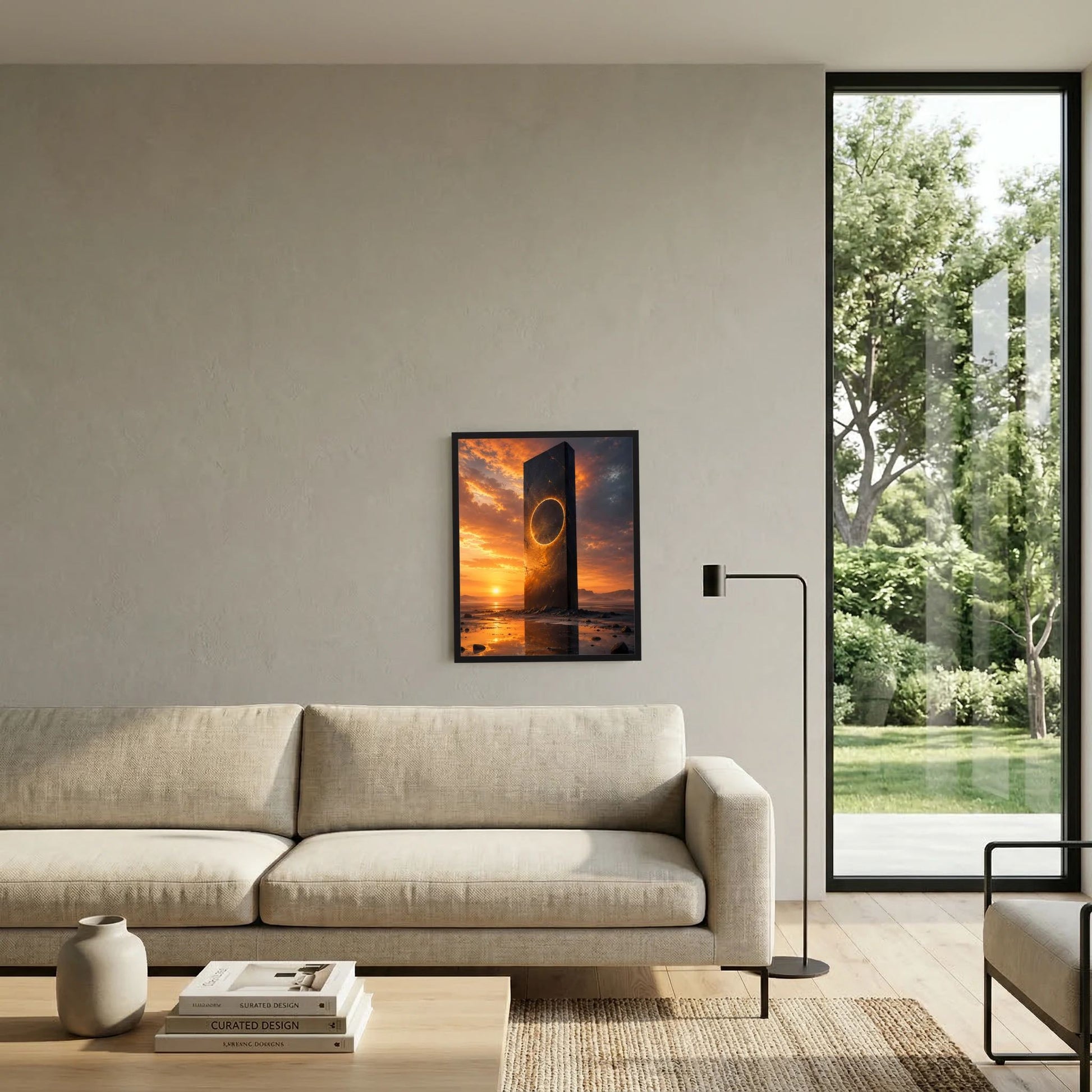 Hochformat-Poster an der Wand mit schwarzem Monolithen und goldenem Portalring bei Sonnenuntergang.