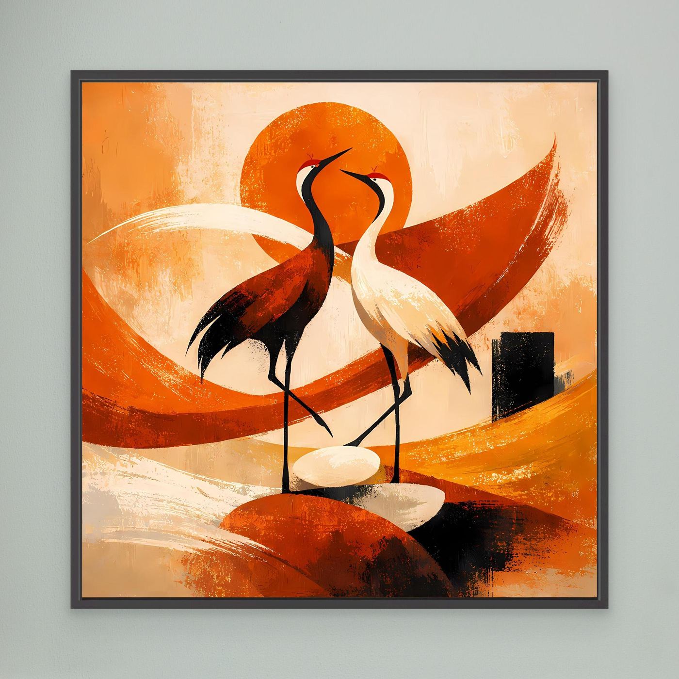 Wandbild mit zwei Kranichen im Sonnenmotiv, orangefarbene Formen, schwarz gerahmt.
