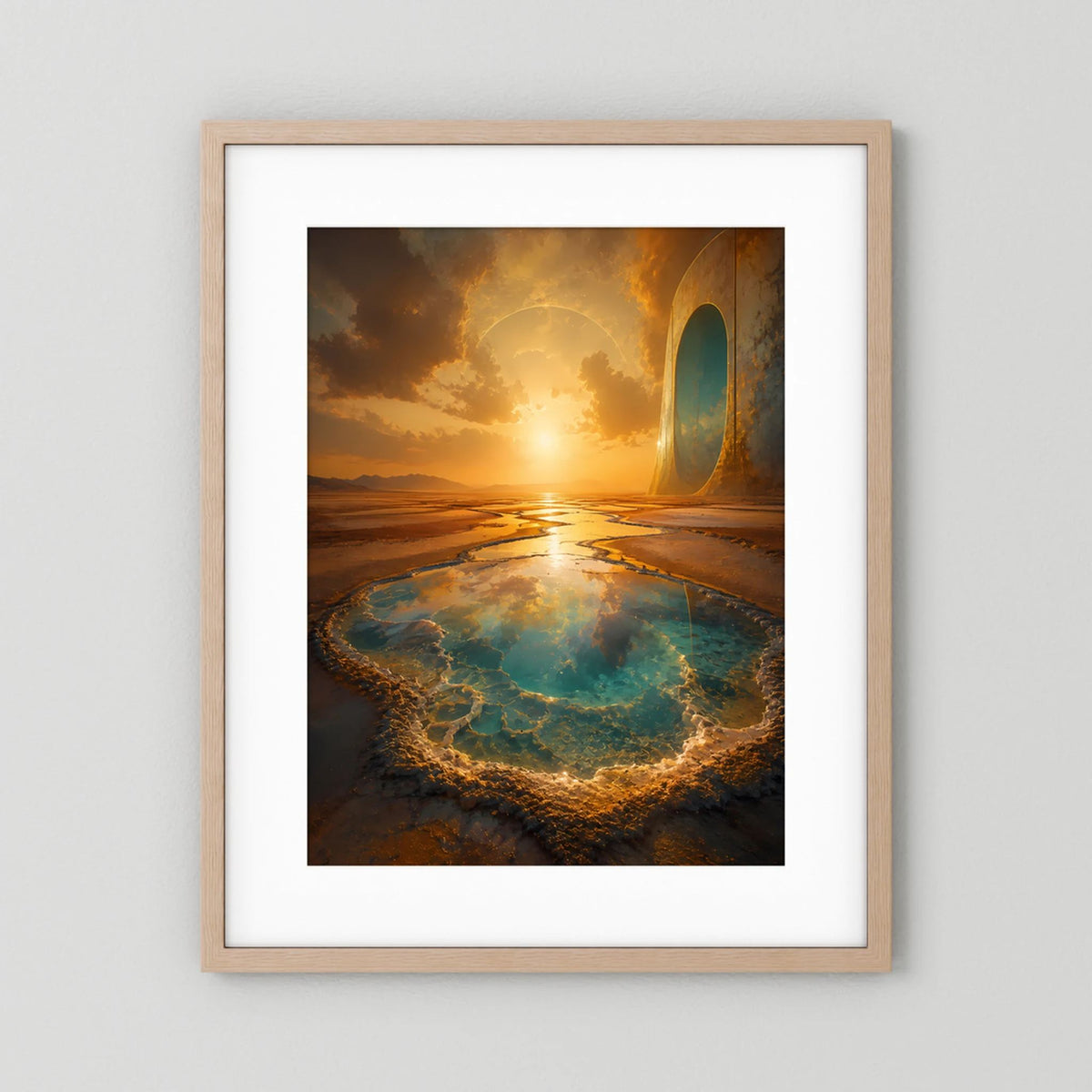 Hochformatiges Poster mit Wüstenlandschaft, türkisfarbener Quelle und rundem Portal, naturfarbener Holzrahmen