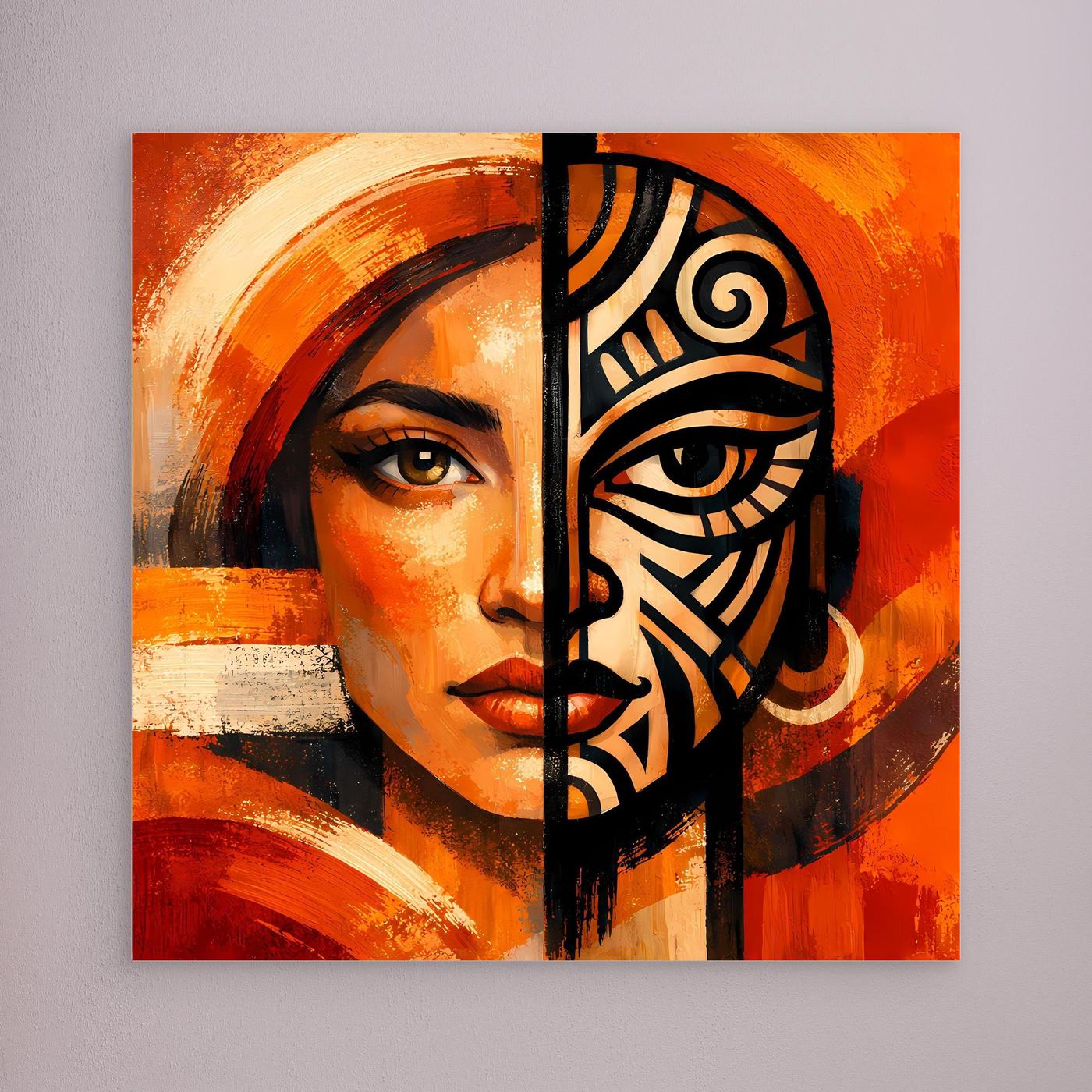 Leinwandbild mit Frauenporträt und schwarzer Maske, orangefarbig, ohne sichtbaren Rahmen.