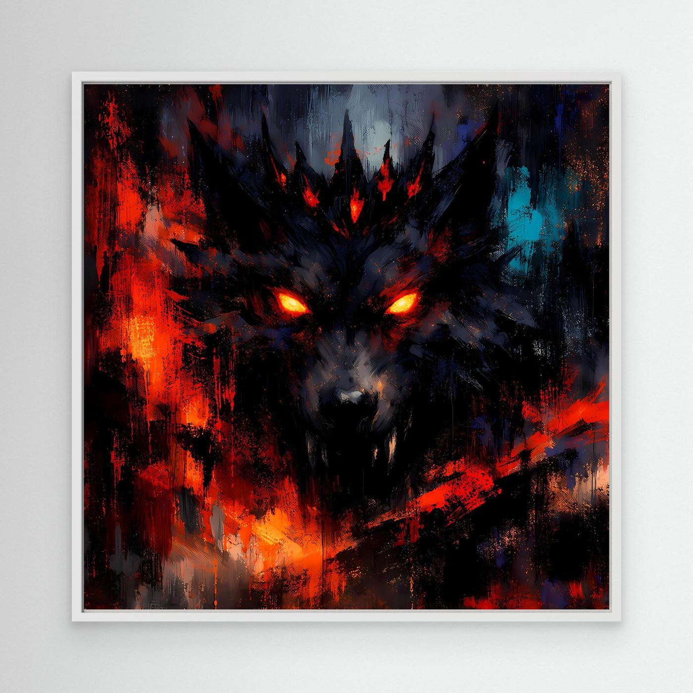 Abstraktes Leinwand-Wandbild mit Schattenwolf im weißen Rahmen, leuchtende Augen in Rot und Blau