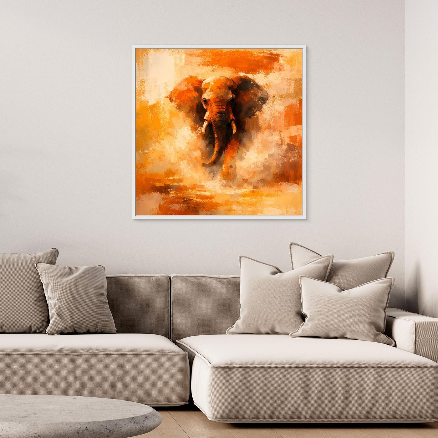 Leinwand Abstraktes Elefanten Gemälde | Modernes Kraftvolles Tier Wandbild Orange Ocker
