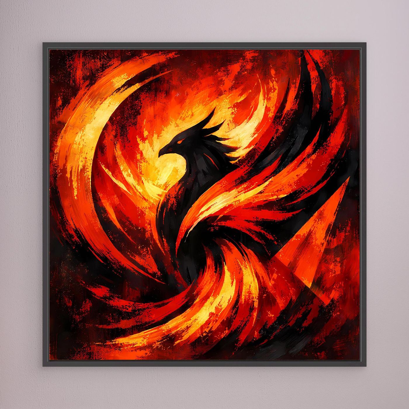 Wandbild mit Phönix-Feuerschwingen in Feuerrot/Schwarz und Gold, schwarz gerahmt