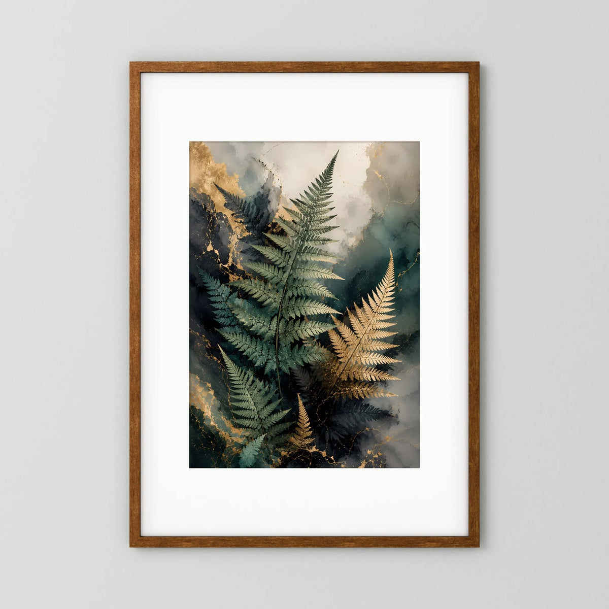 Edle Farnblätter in Grün & Gold | Botanische Kunst auf Marmoroptik | Poster Hochformat