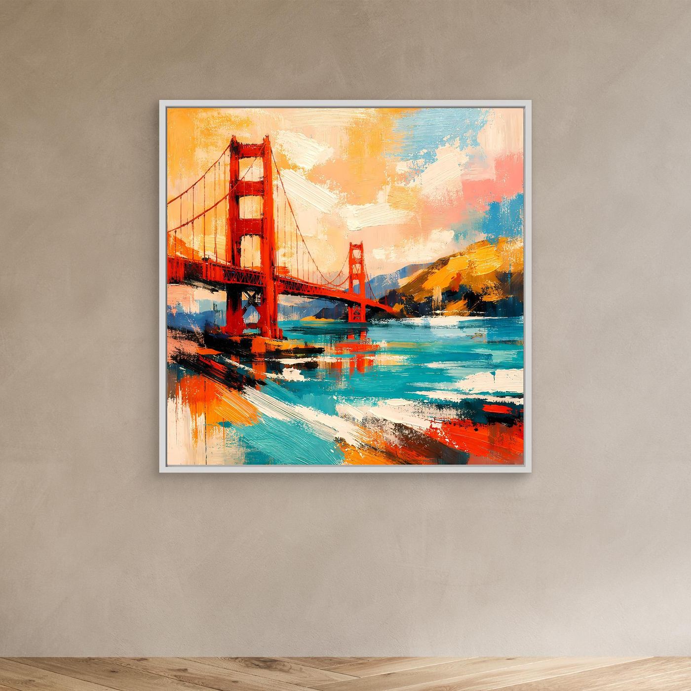 Abstract canvas wall art of bridge-style structure, orange red and blue, in white frame