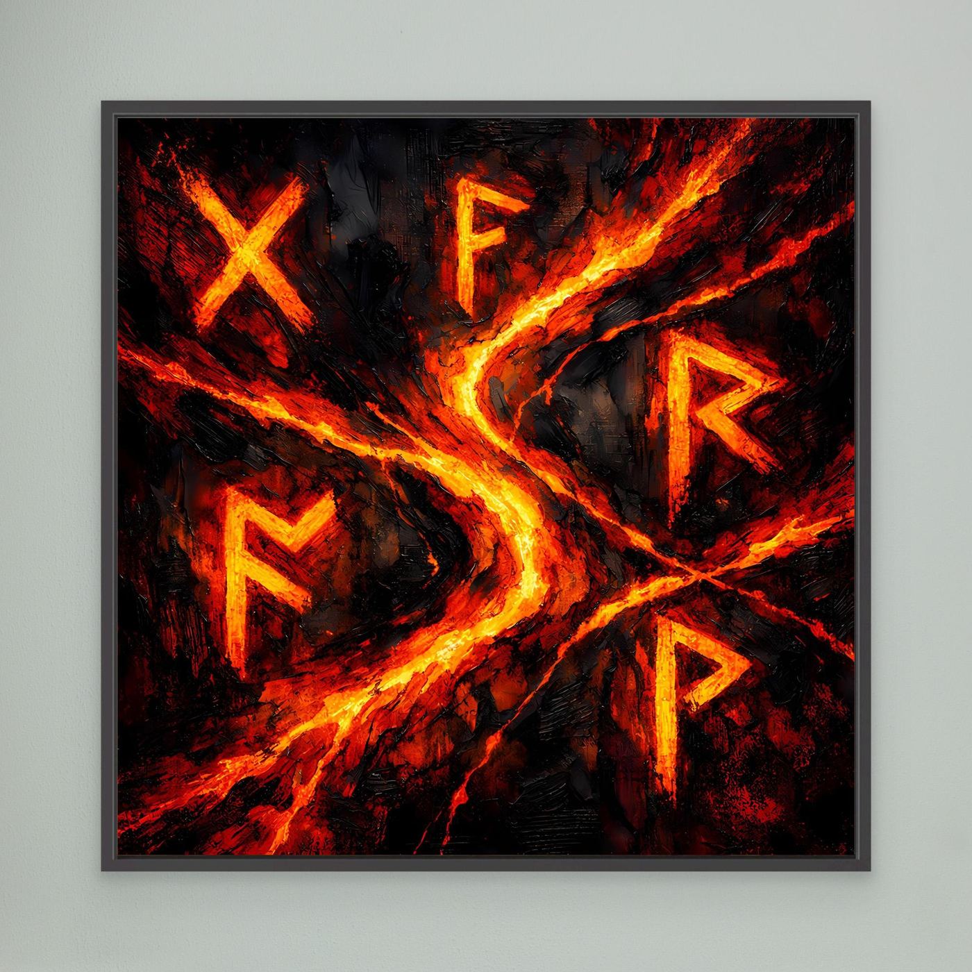 Wandbild mit abstrakten Runen und Lavaflammen, rot-orange, schwarz gerahmt