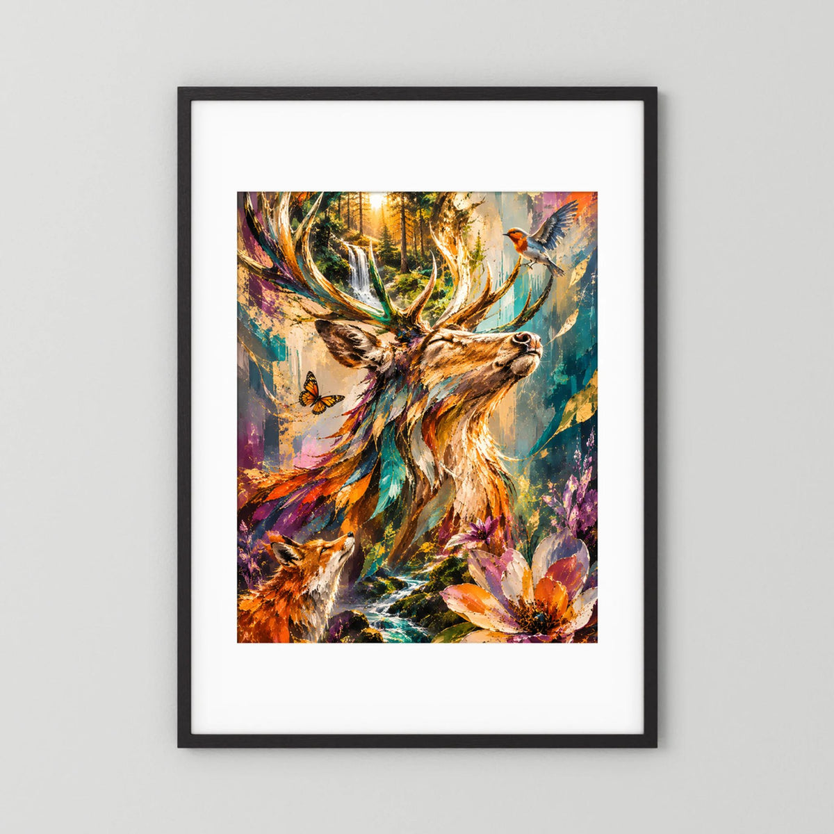 Poster mit Hirsch im bunten Wald, Vogel und Blumen, schwarz gerahmt mit weißem Rand