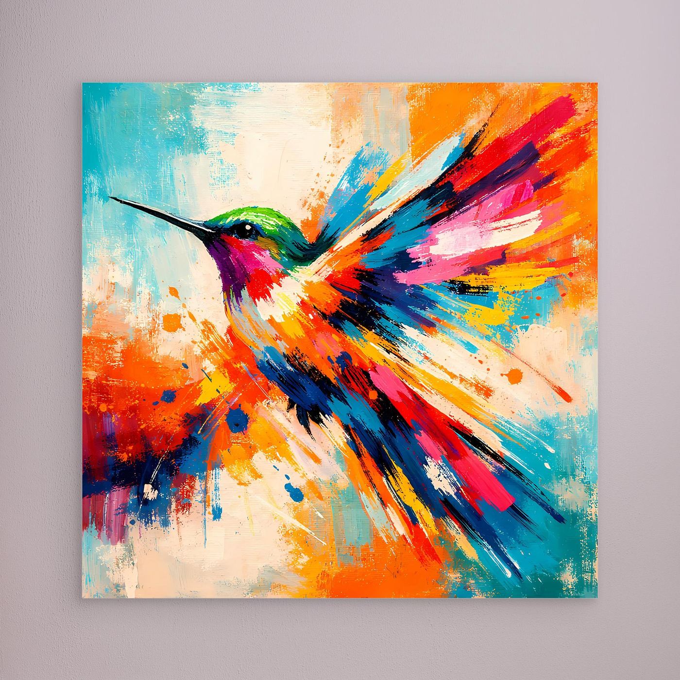 Premium Leinwand Kolibri Farbexplosion | Abstraktes Wandbild Modernes Vogel Poster