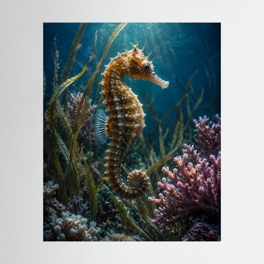 Poster mit Seepferdchen im Korallenriff, türkisblaues Meer und Korallen im Motiv