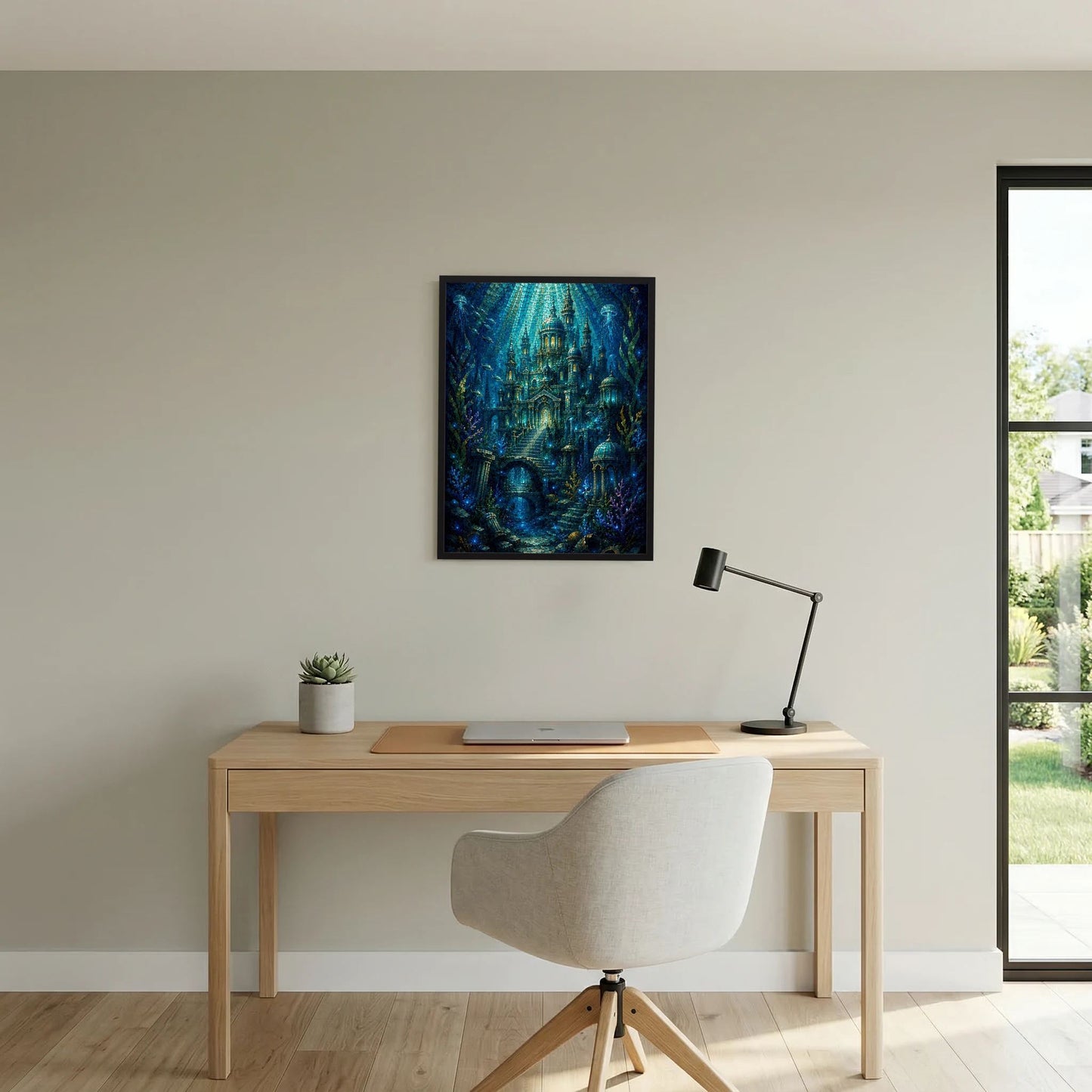 Wandposter im schwarzen Rahmen mit mystischer Unterwasserstadt in Blau und Gold.