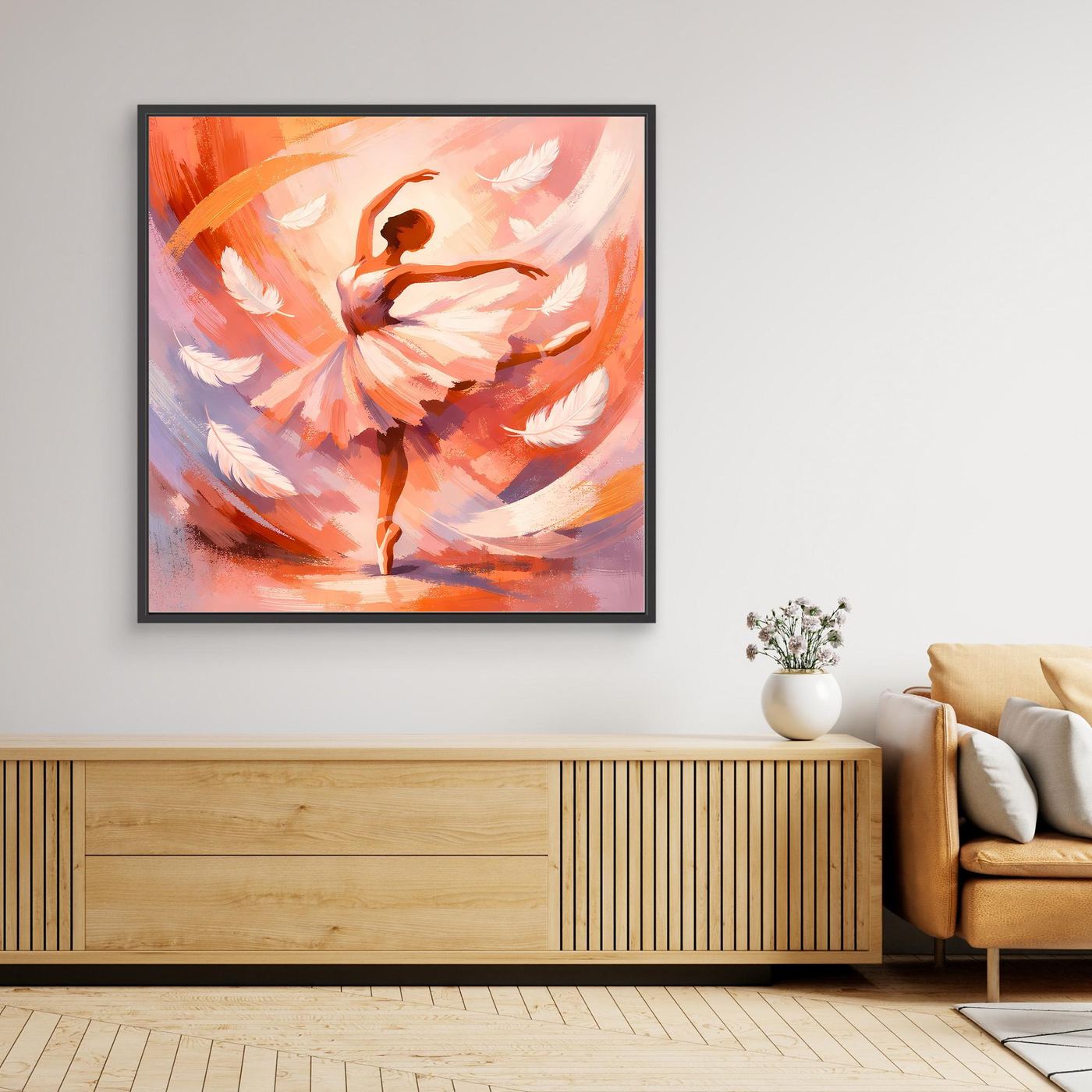 Gerahmtes Leinwandbild Ballerina abstrakt, warmes Orange/Rosa, schwarzer Rahmen