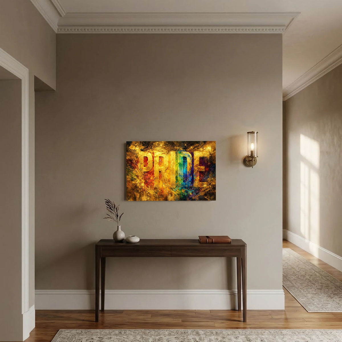 Wandbild im Querformat mit goldfarbenem PRIDE-Motiv in buntem Farbmix