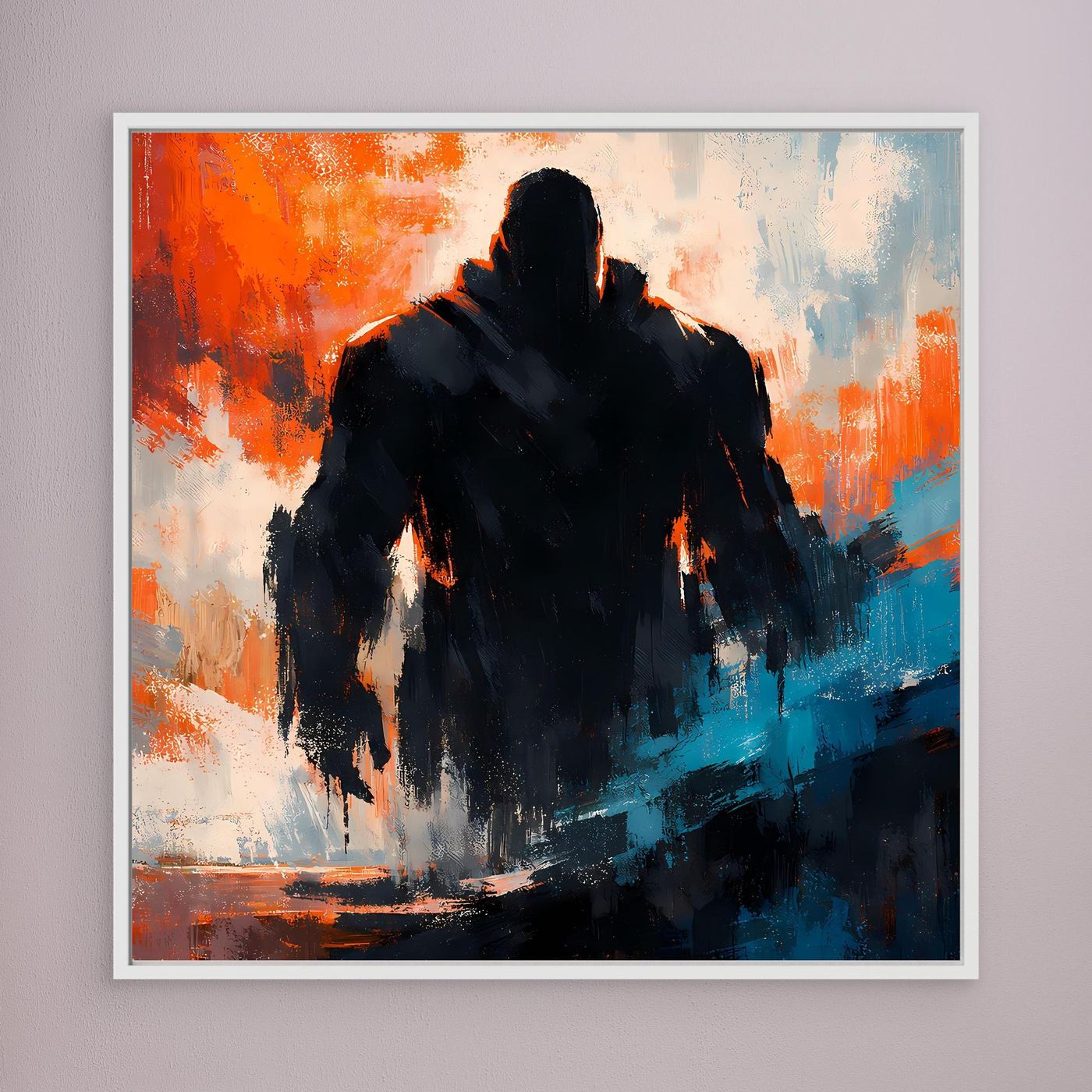 Gerahmtes Leinwandbild mit dunkler Silhouette, orange-blau abstrakt, weißer Rahmen