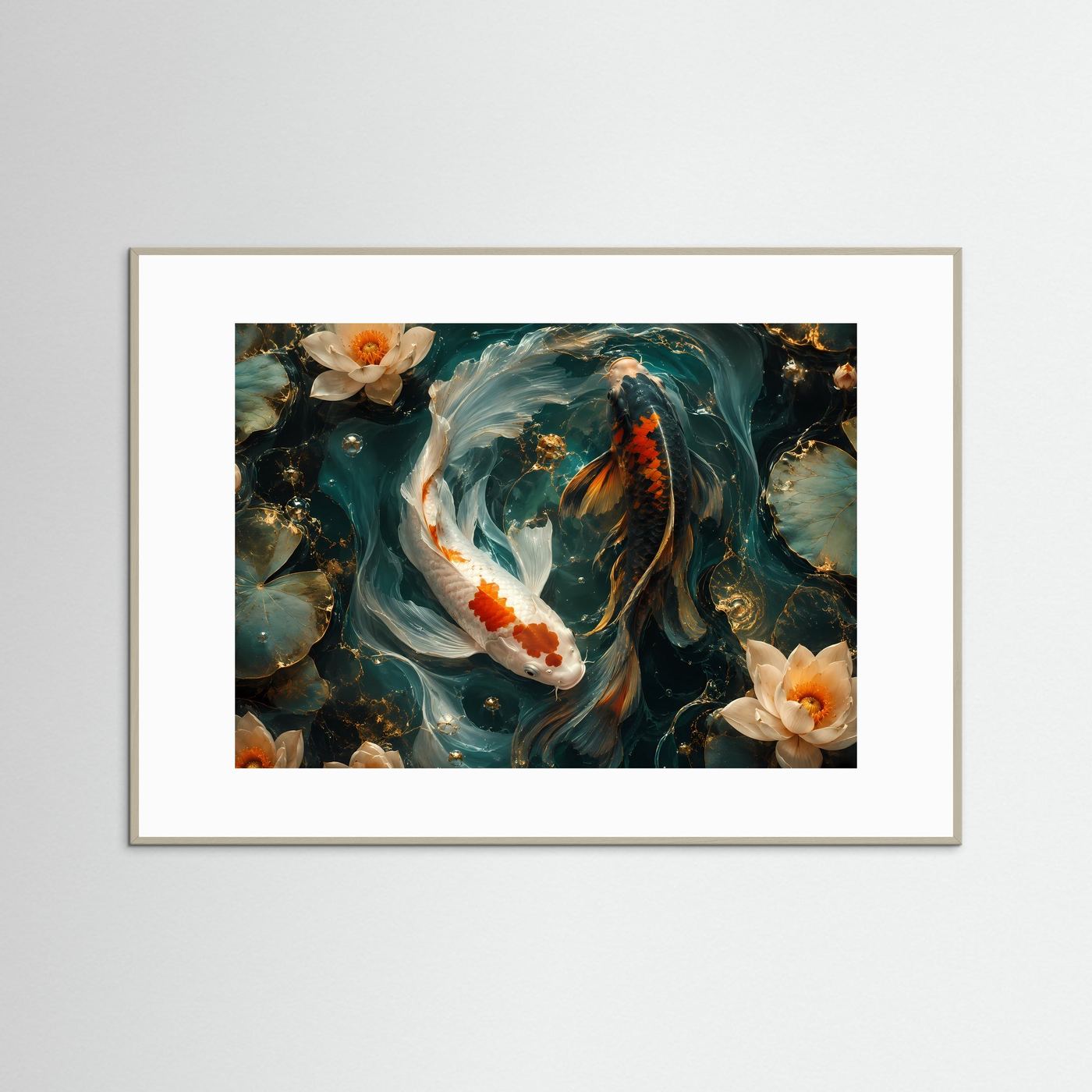 Yin Yang Koi Fische mit Lotusblüten | Elegantes Feng Shui Poster Querformat