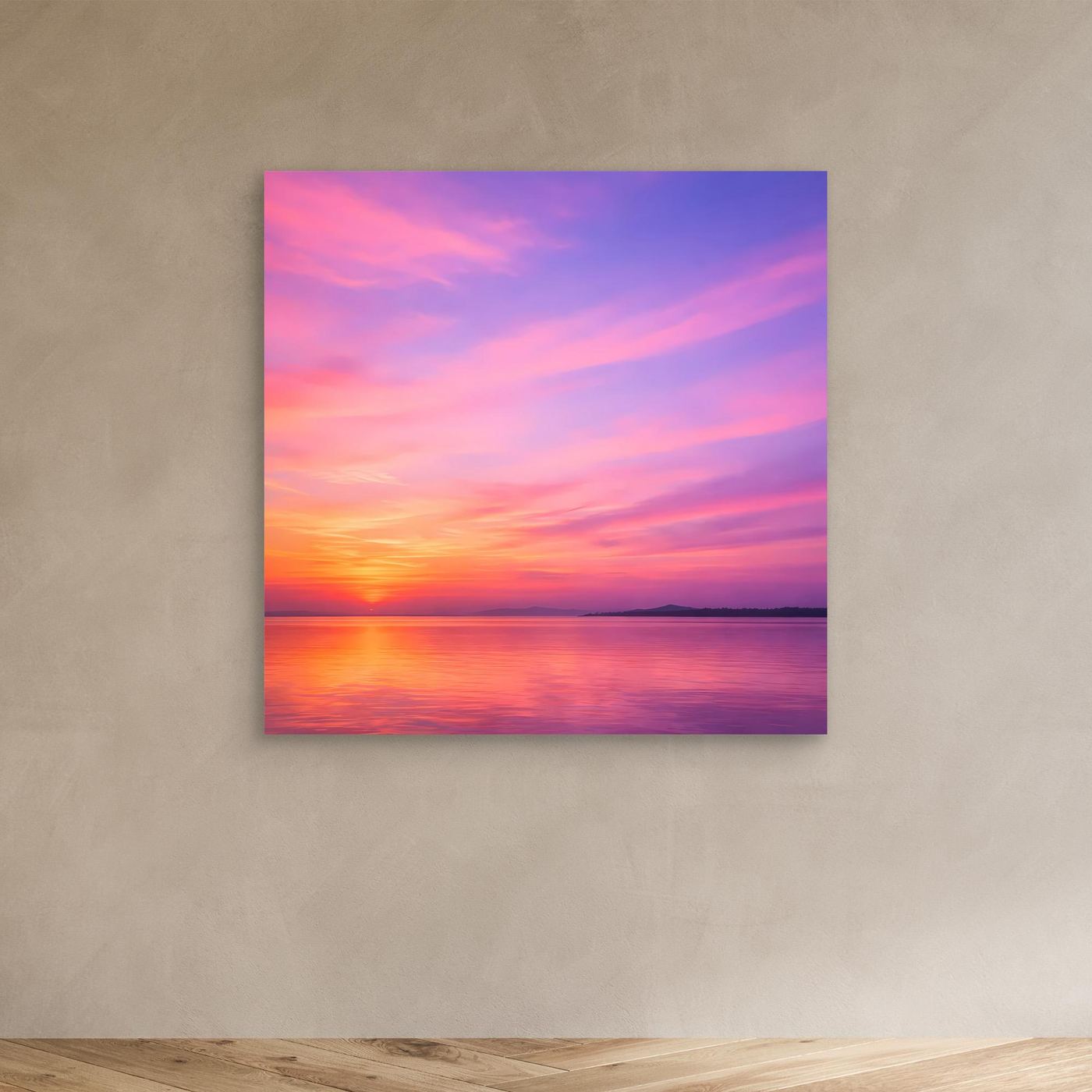 Leinwandbild „Pastel Sunset“ ohne Rahmen, Pastell-Sonnenuntergang mit Reflexion auf dem Wasser.