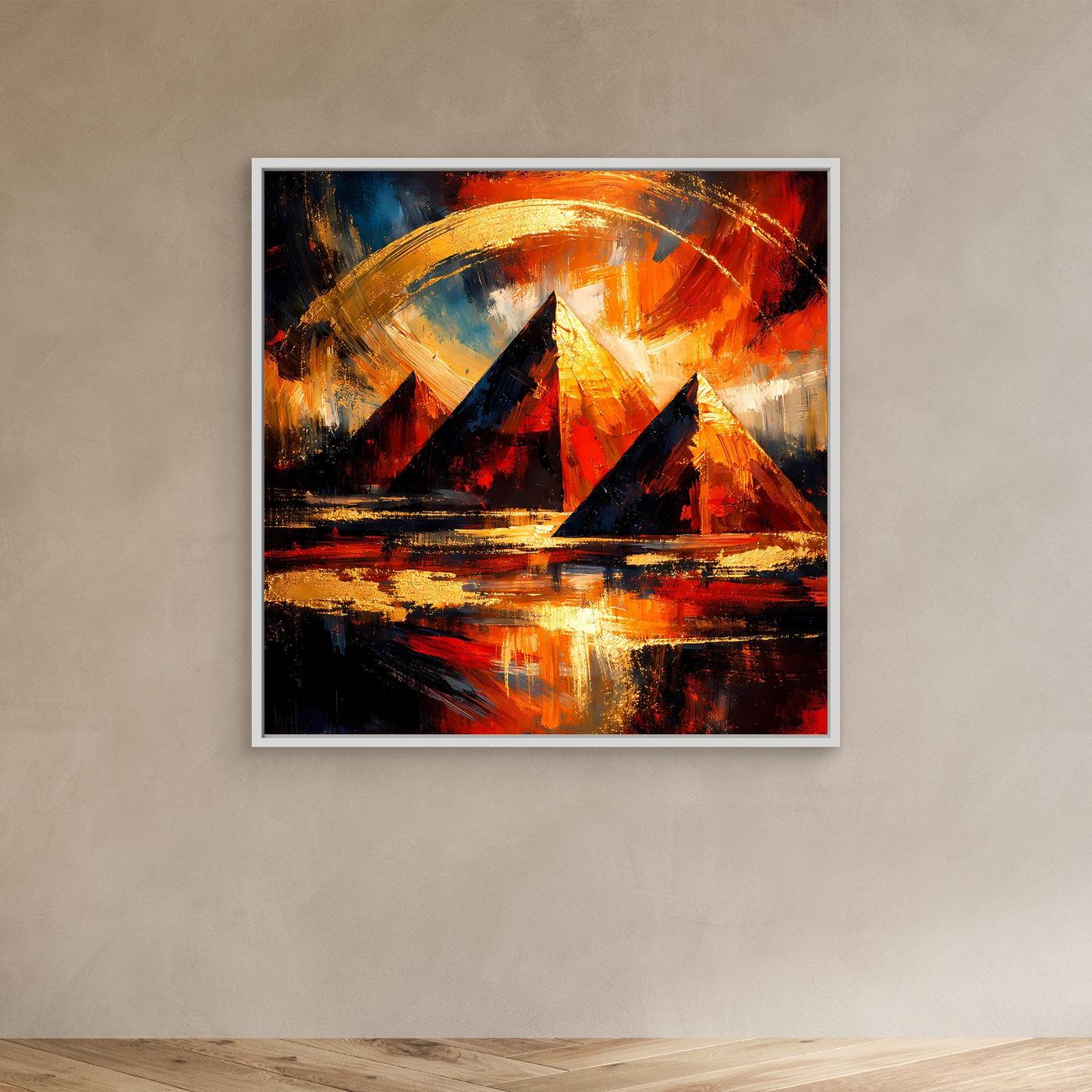 Leinwandbild mit abstrakten Pyramiden und goldenen Lichtbögen, im weißen Rahmen