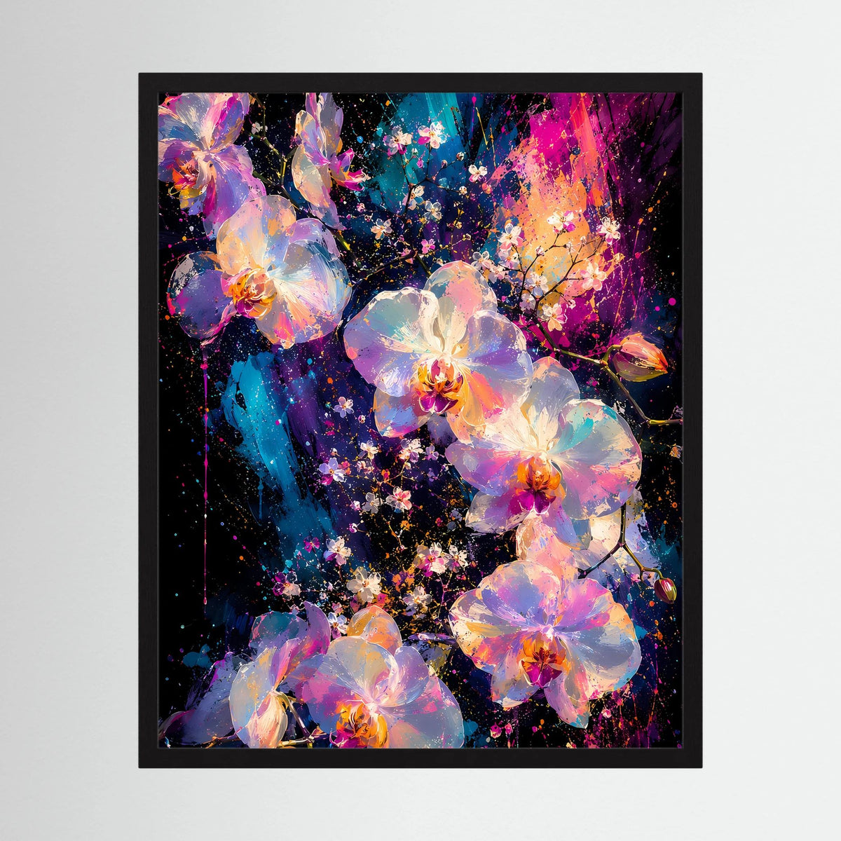 Rahmenloses Blumenposter mit abstrakten Orchideen in Rosa, Türkis und Gold auf dunklem Grund