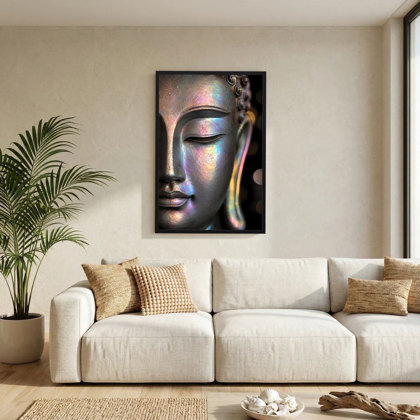 Kunstposter mit Buddha-Gesicht in irisierender Perlmutt-Optik, schwarzer Rahmen, Hochformat