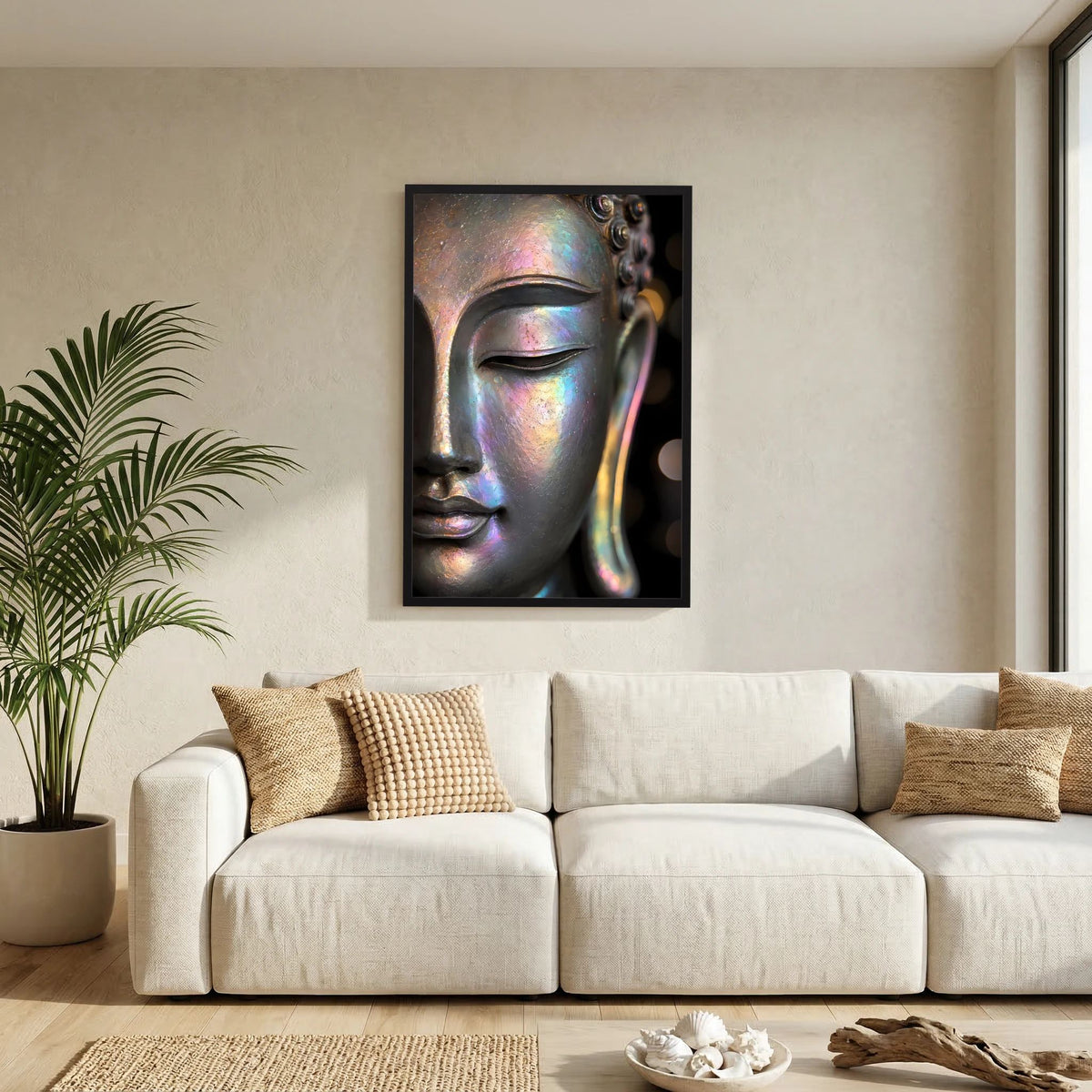 Kunstposter mit Buddha-Gesicht in irisierender Perlmutt-Optik, schwarzer Rahmen, Hochformat