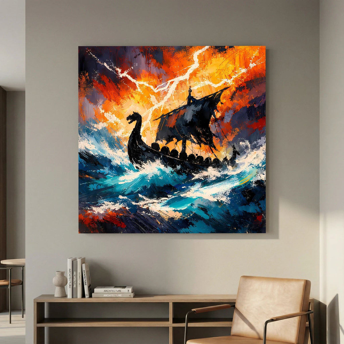 Keilrahmen-Leinwand mit schwarz dargestelltem Langschiff, orange Sturmfront, blaue Wellen und Blitz