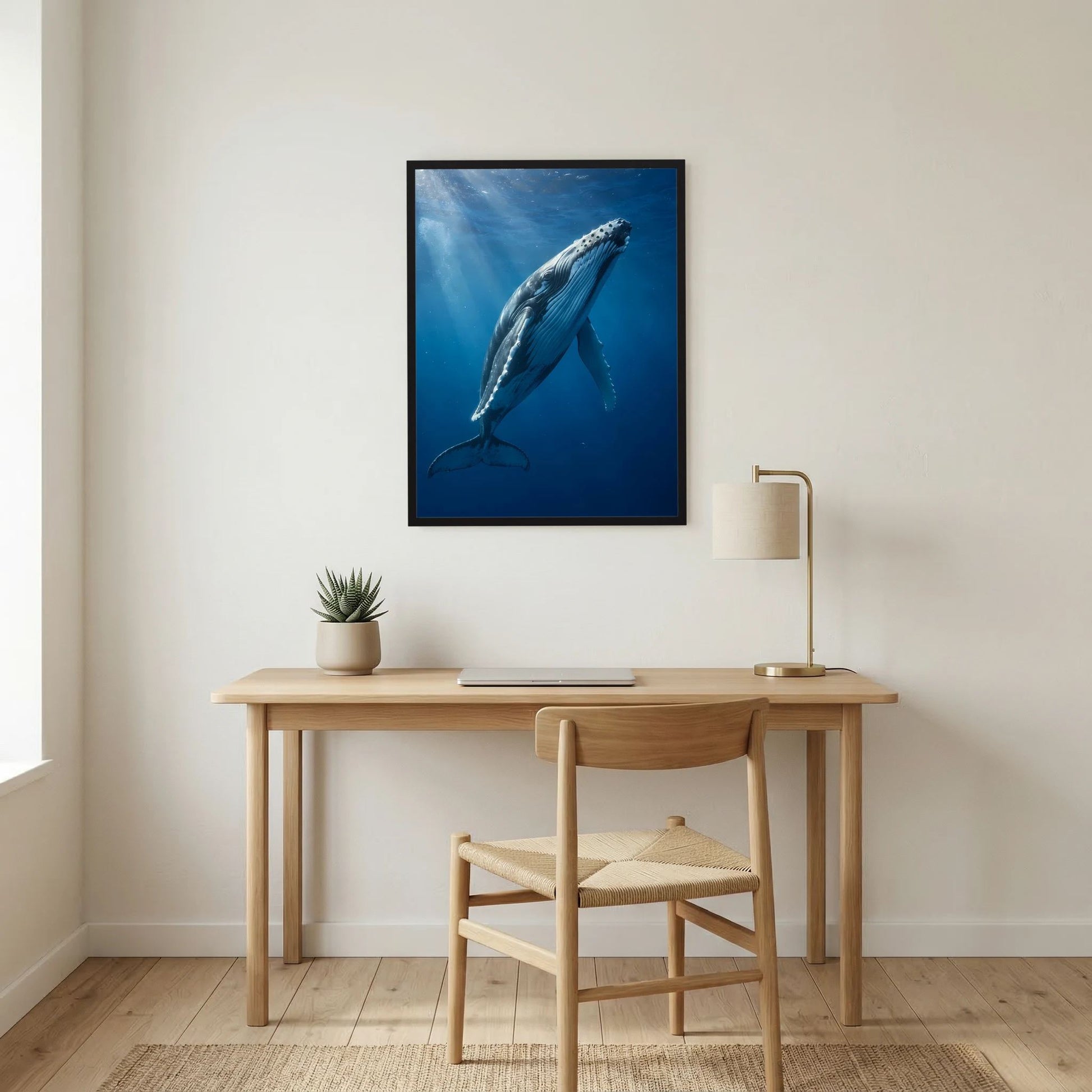 Hochformatiges Poster mit schwarzem Rahmen: Buckelwal unter Wasser
