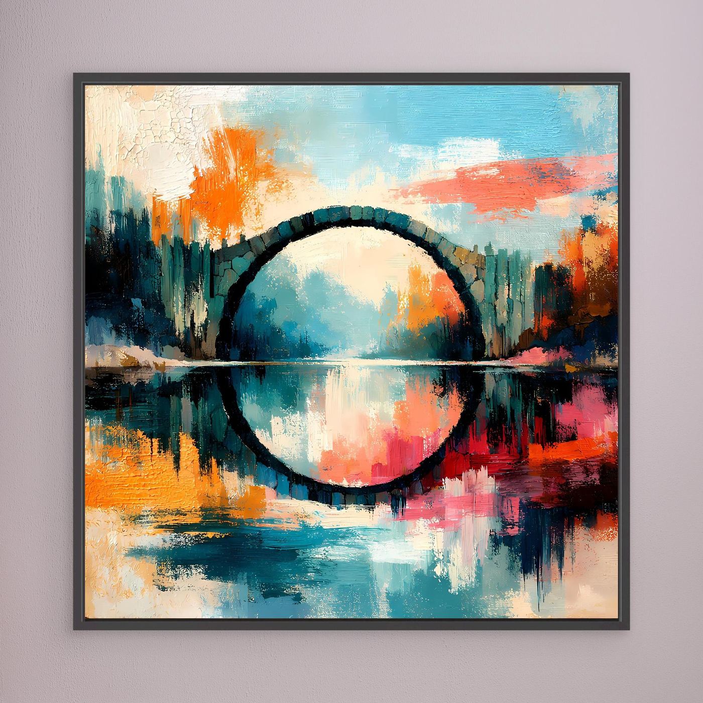 Premium Leinwand Mystische Kreisbrücke im Wasser | Abstraktes Natur Wandbild farbenfroh