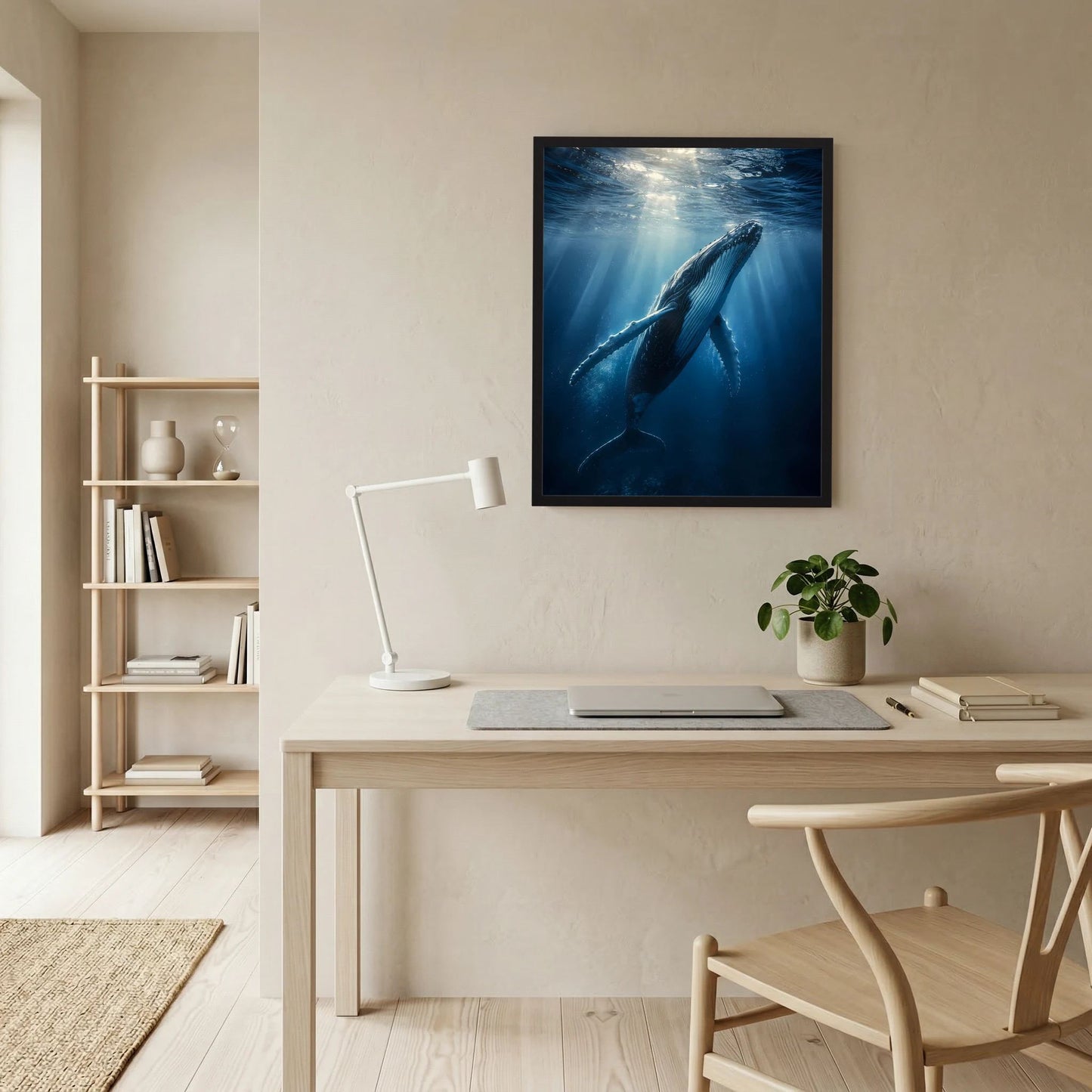 Wandposter hochkant: Buckelwal im Wasser mit Lichtstrahlen und blauem Hintergrund