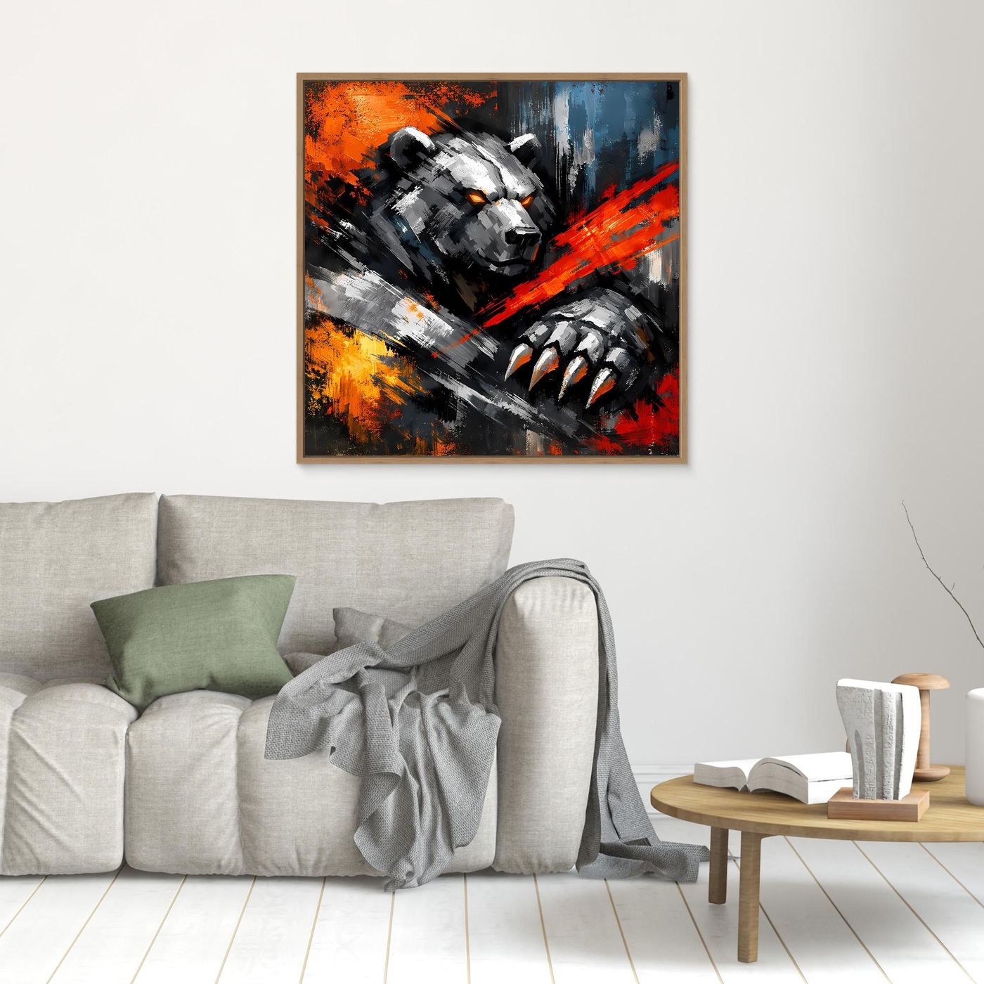 Wandbild mit abstraktem Kampfbär und Krallen über Sofa, Holzrahmen