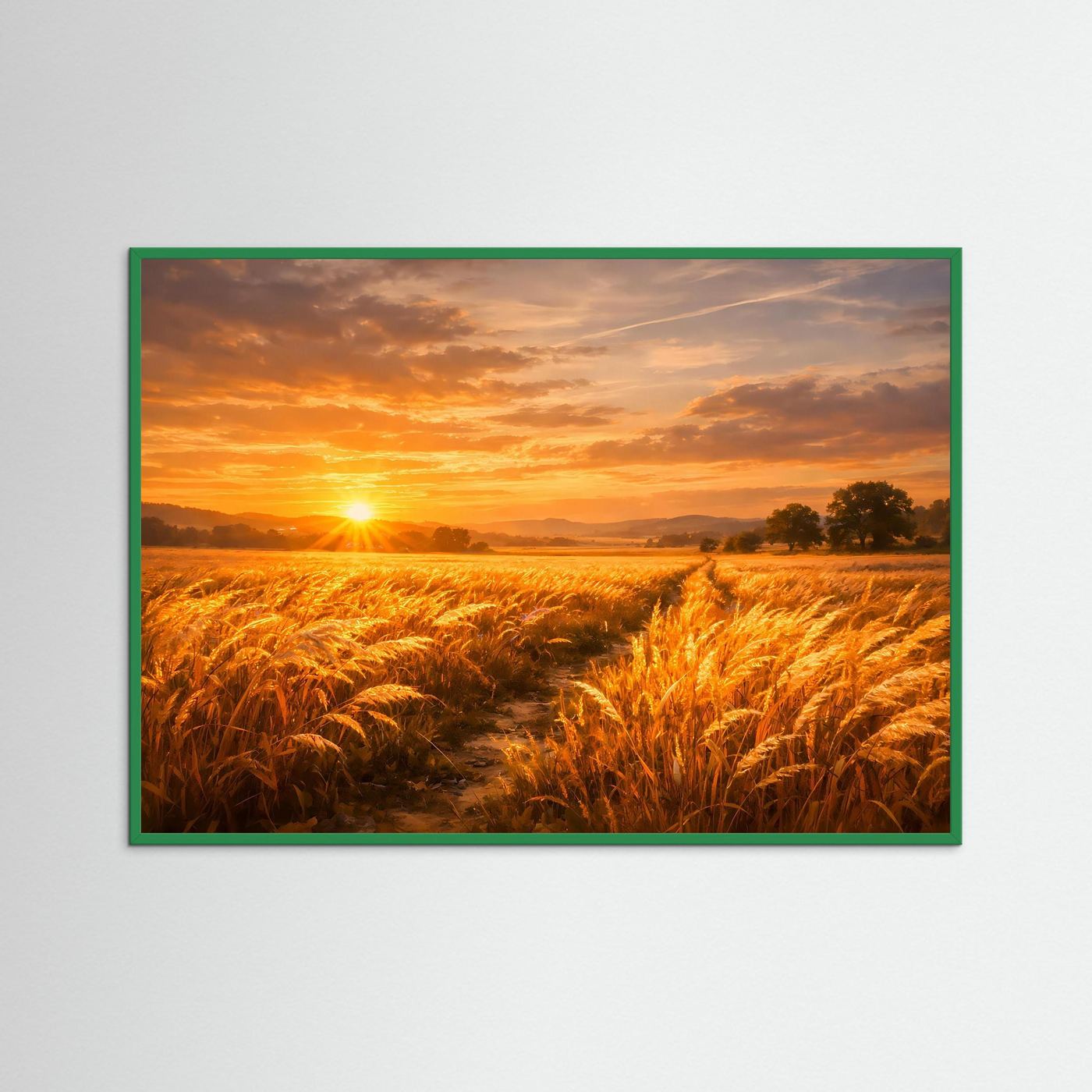 Poster mit goldenem Weizenfeld im Sonnenuntergang, Holzrahmen