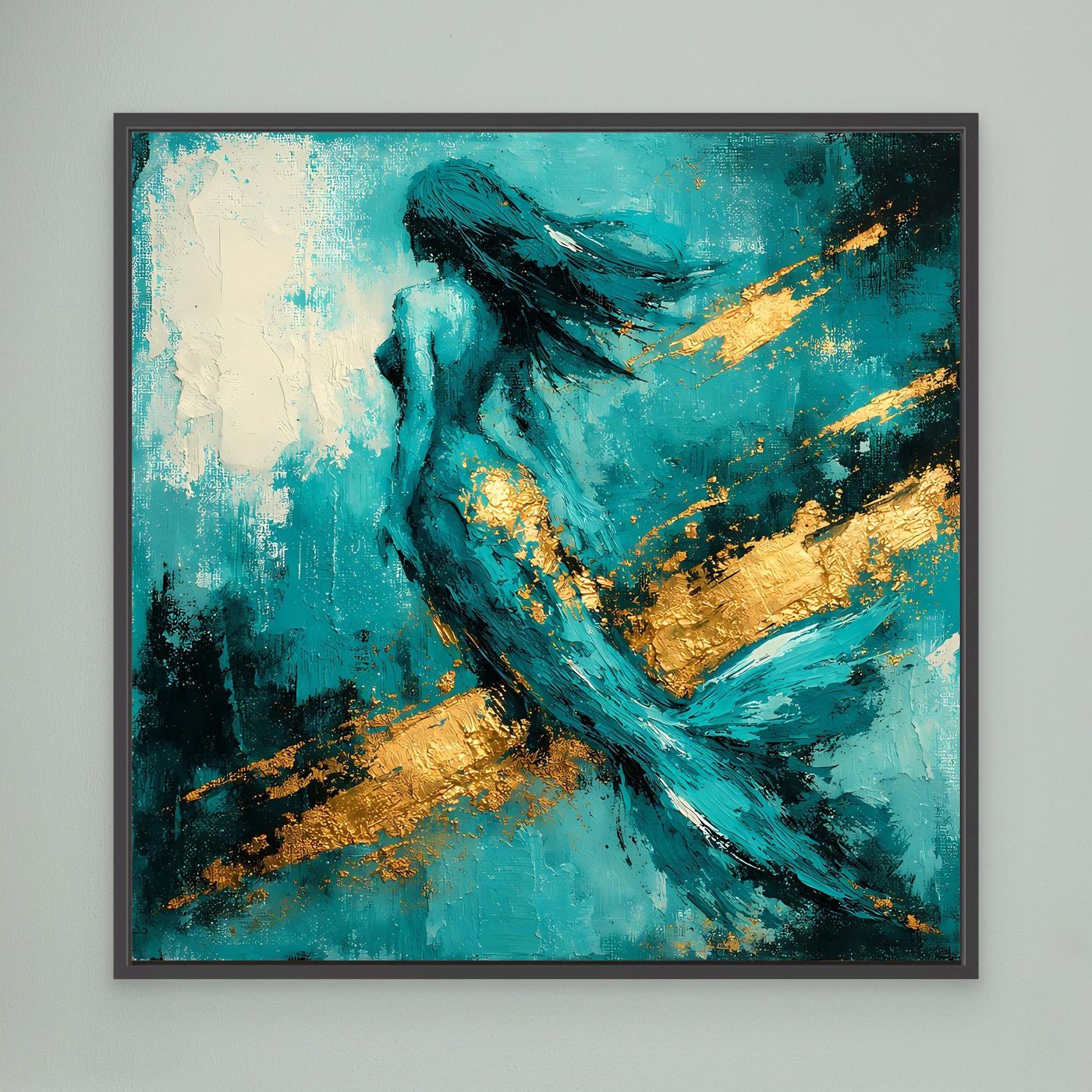 Leinwand Elegante Meerjungfrau in Türkis | Abstraktes Nixen Wandbild Gold Blau