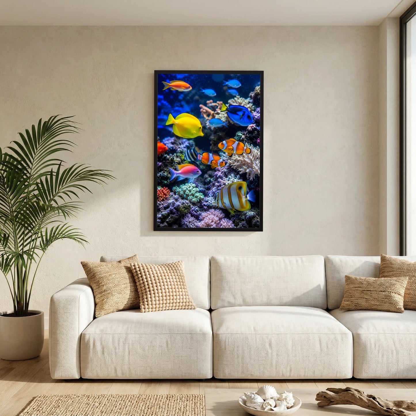 Hochformat-Poster mit bunten Tropenfischen und Korallenriff in schwarzem Rahmen