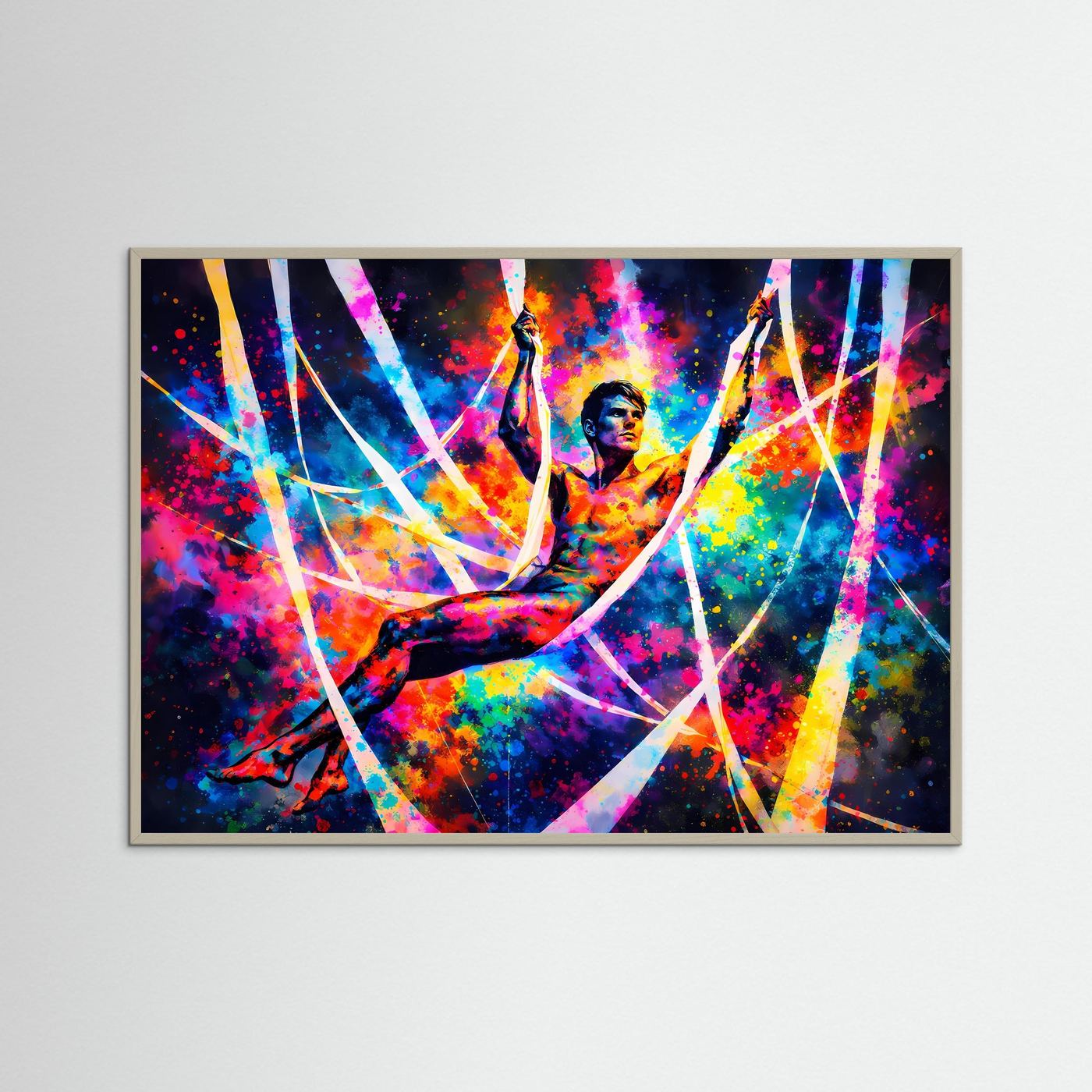 Querformatiges Kunstposter mit buntem Luftakrobatik-Tänzer, mit grauem Rahmen