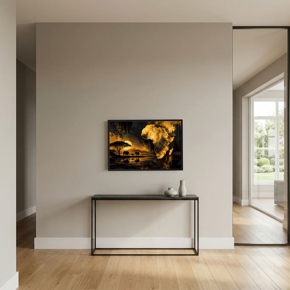 Poster im Querformat an der Wand mit goldener Afrika-Karte und Elefantenmotiv, schwarz gerahmt