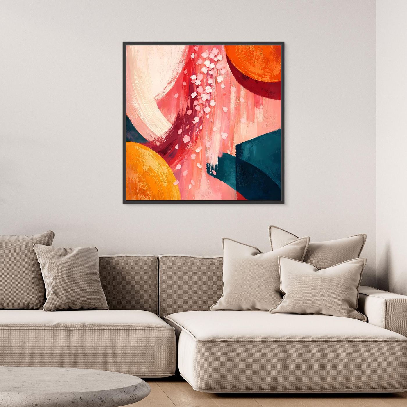 Abstraktes Leinwandbild mit Kirschblüten, Rot/Pink und Blau, quadratisch gerahmt