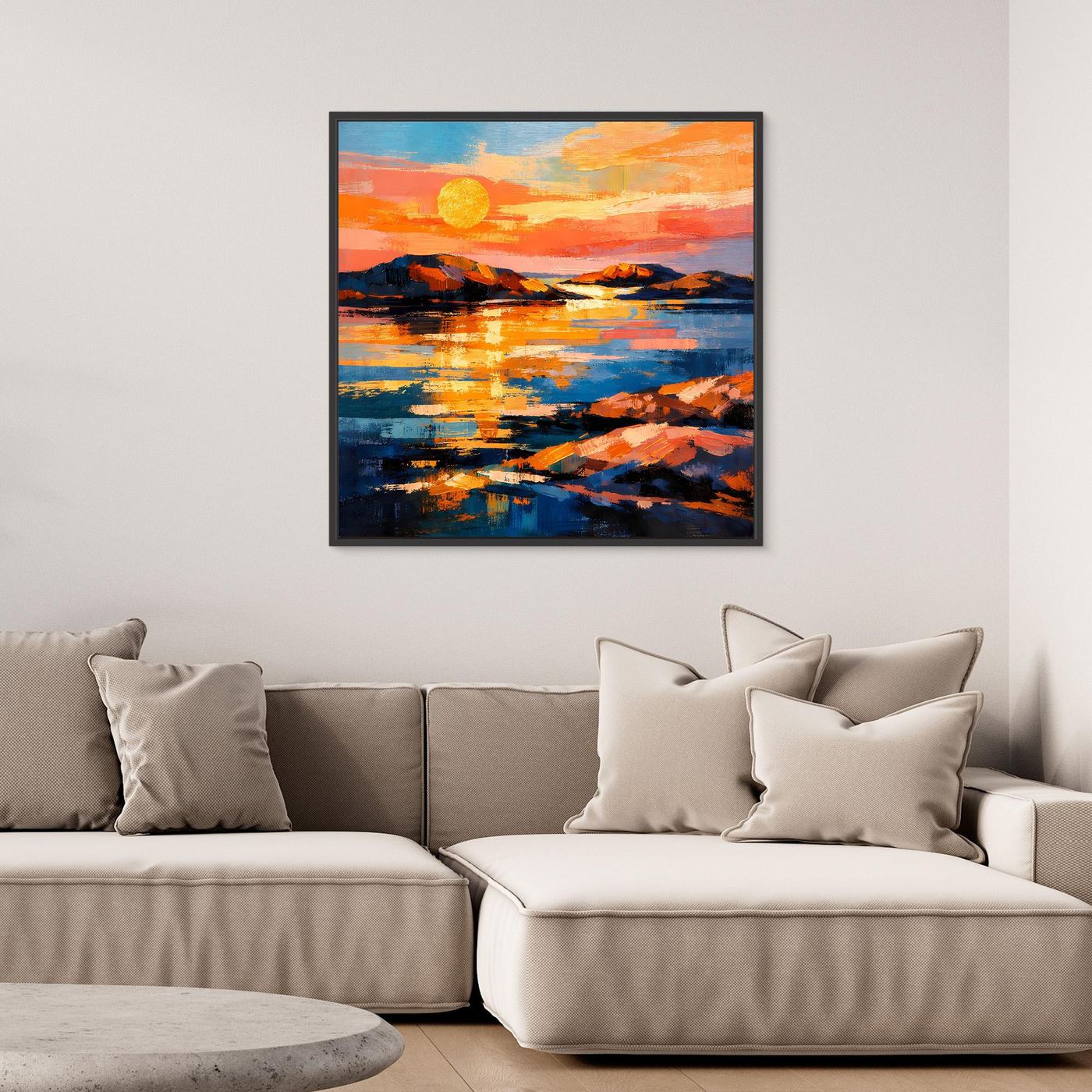 Abstraktes Leinwand-Wandbild mit Sonnenuntergang über dem Meer, orange und blau, gerahmt