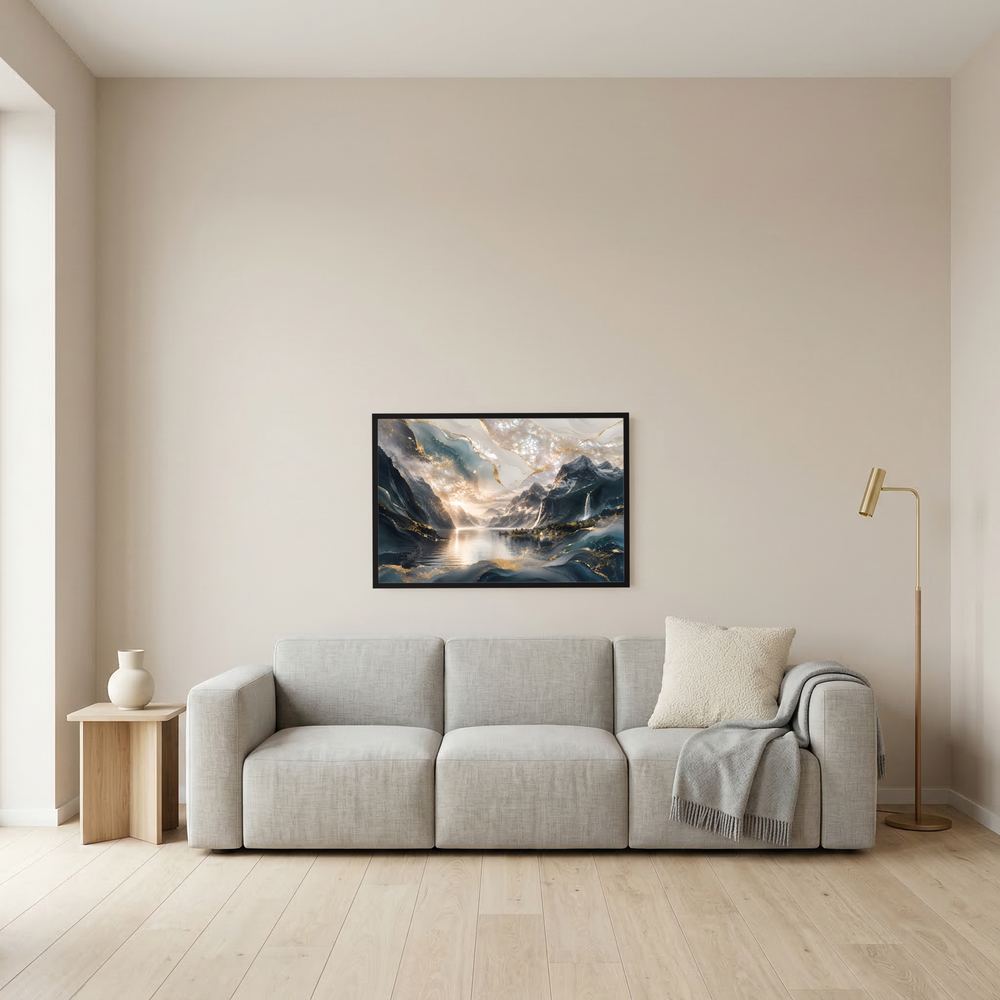 Kleines Wandposter mit abstrakter Fjordlandschaft, Wasser und Berge, schwarzer Rahmen