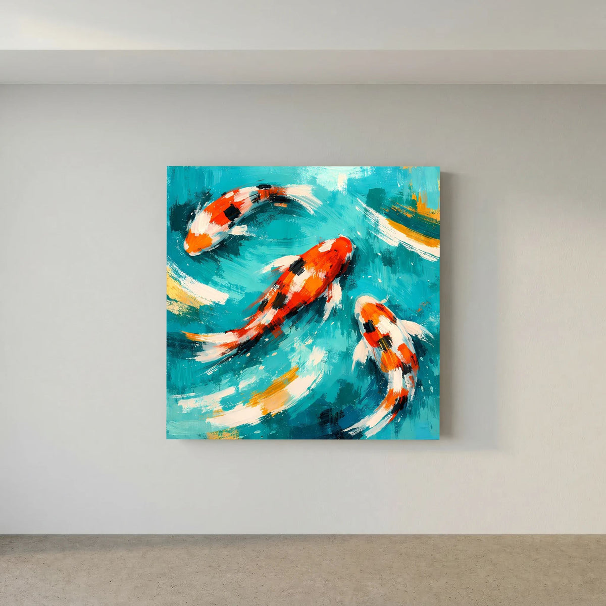 Keilrahmenbild mit Koi-Karpfen im Schwarm, orange-weiße Fische auf türkisfarbenem Hintergrund
