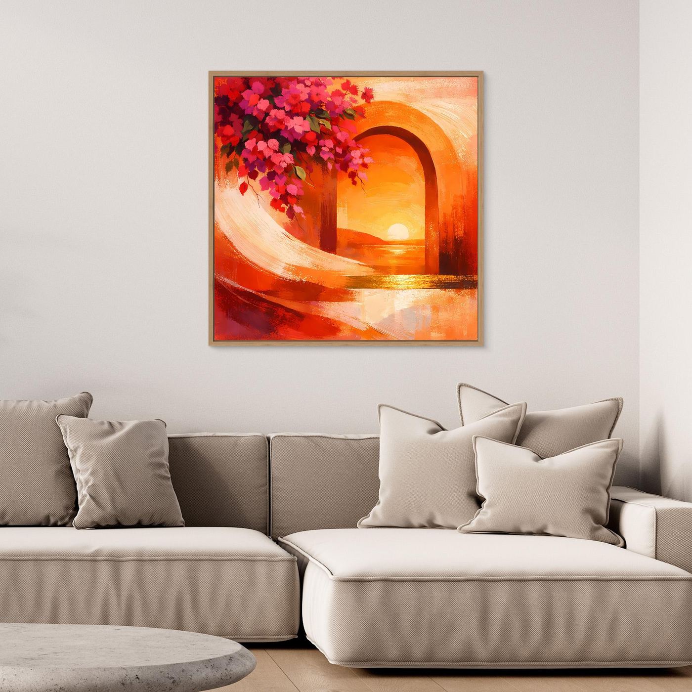 Gerahmtes quadratisches Leinwandbild: Torbogen in Orange, rote Blüten über dem Lichtkreis