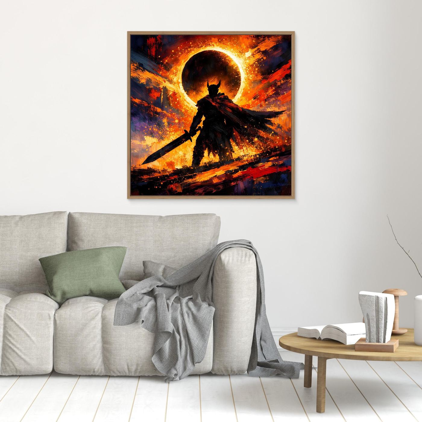 Gerahmtes quadratisches Fantasy-Wandbild: dunkler Ritter mit Schwert vor Sonnenfinsternis-Halo