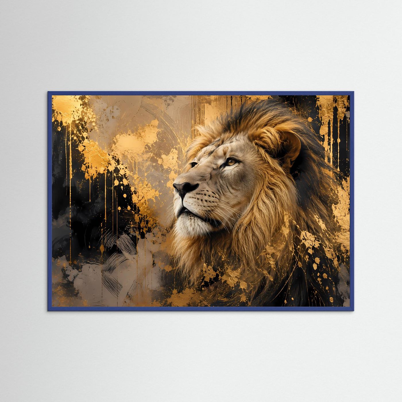 Löwenkunstposter mit goldener Löwenmähne und Blick nach vorn, mit blauem Rahmen