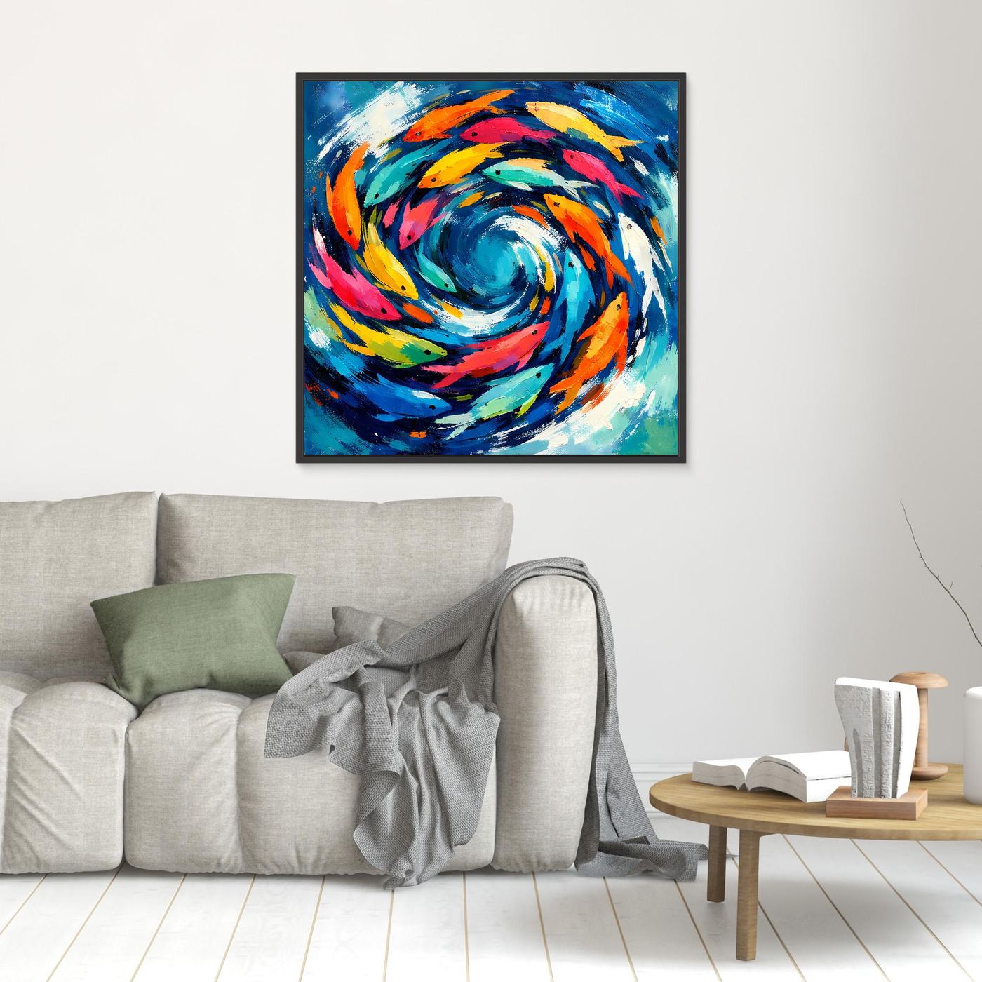 Leinwand Dynamischer Fischschwarm im Strudel | Abstraktes Ozean & Meer Wandbild