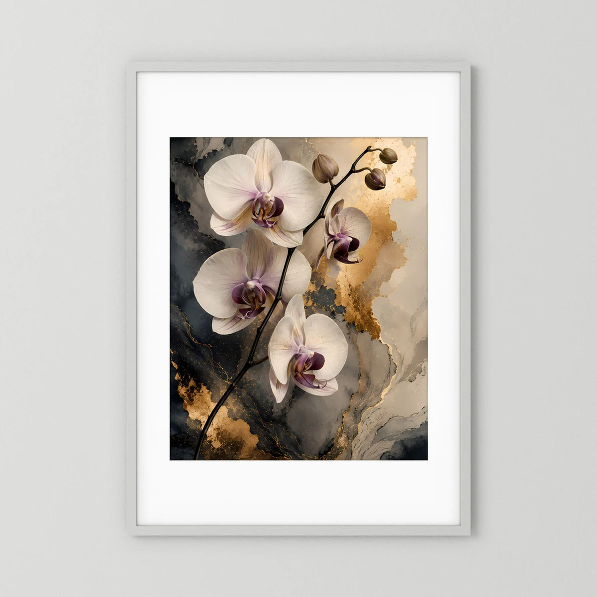 Weiße Orchideen mit Gold | Elegante Blüten auf Marmoroptik | Poster Hochformat