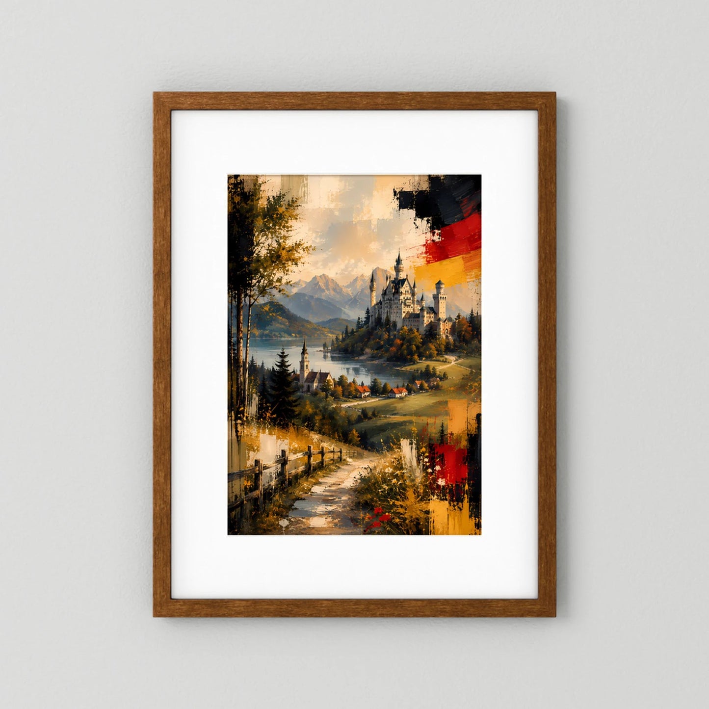Kunstposter im Hochformat mit braunem Holzrahmen: abstrakte Alpenlandschaft mit Schloss und Weg