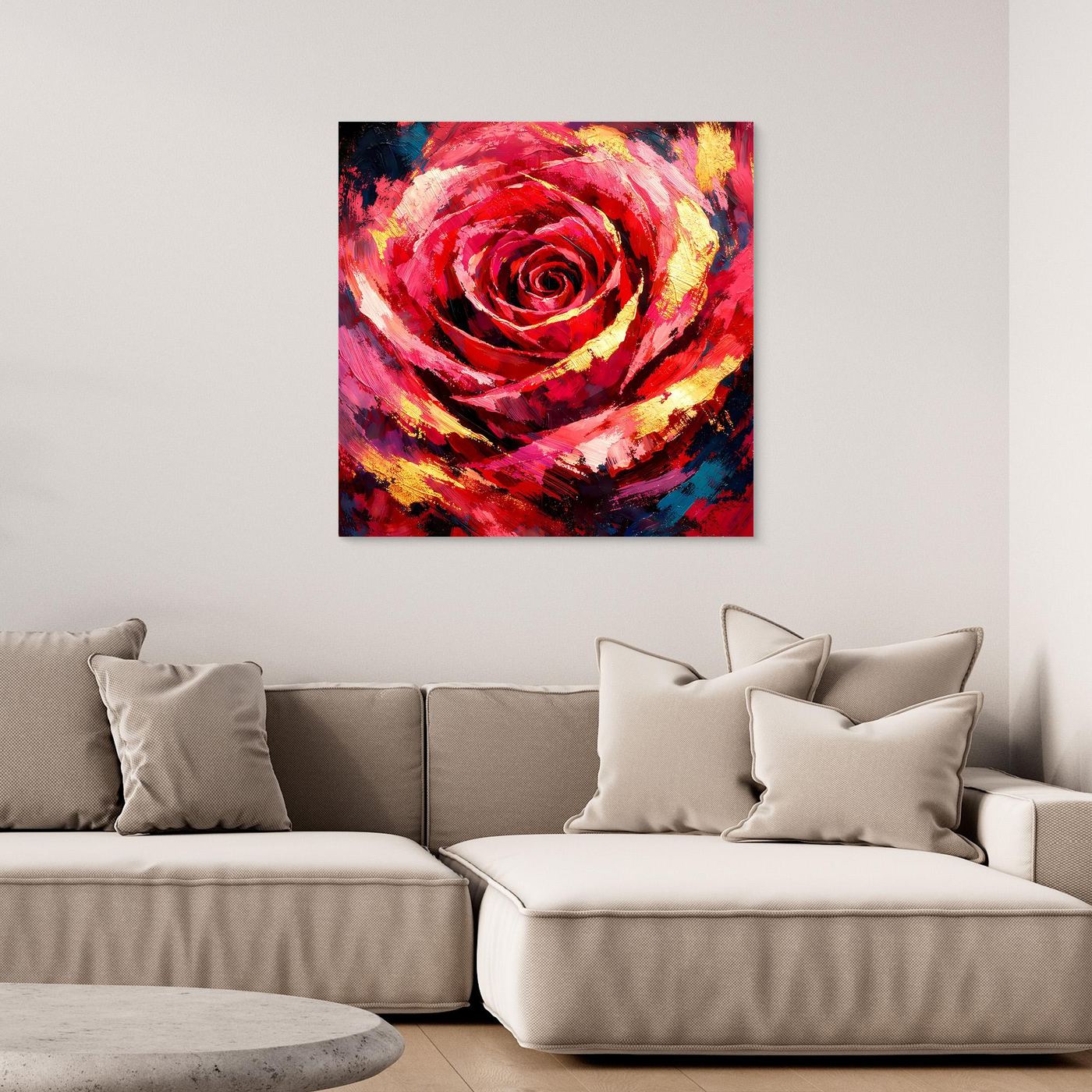 Gerahmtes Leinwandbild mit abstrakter roter Rose, gelb und blau, dunkel gerahmt.