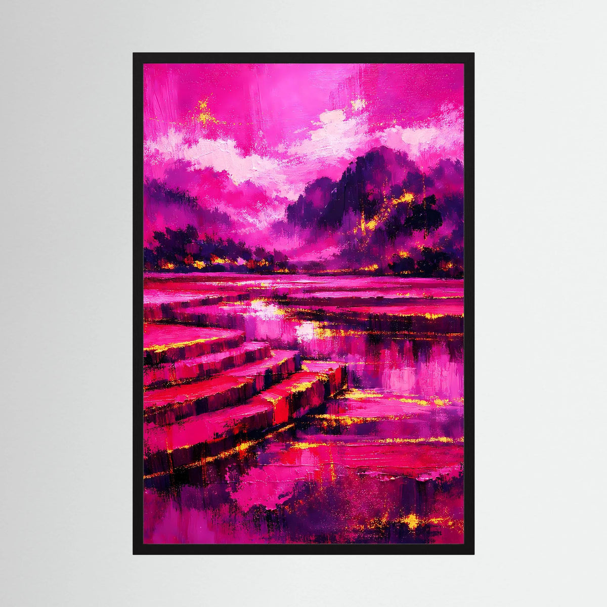 Hochformat-Poster mit abstrakter Pink-Magenta-Landschaft, dunkle Bäume und reflektierender Flussansicht im Schwarzrahmen.