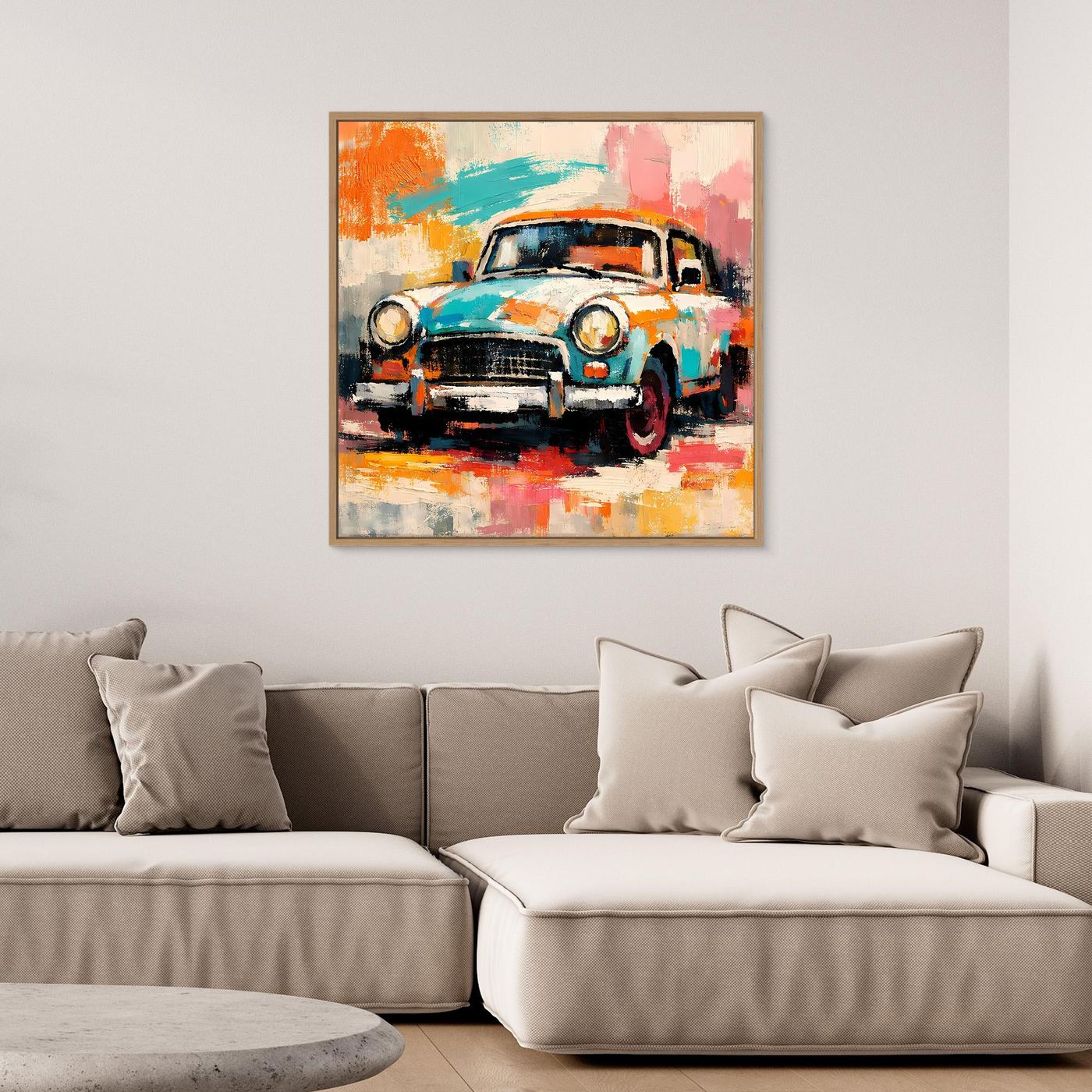 Abstract vintage car wall art with turquoise, orange, and pink brushstrokes in a wood frame