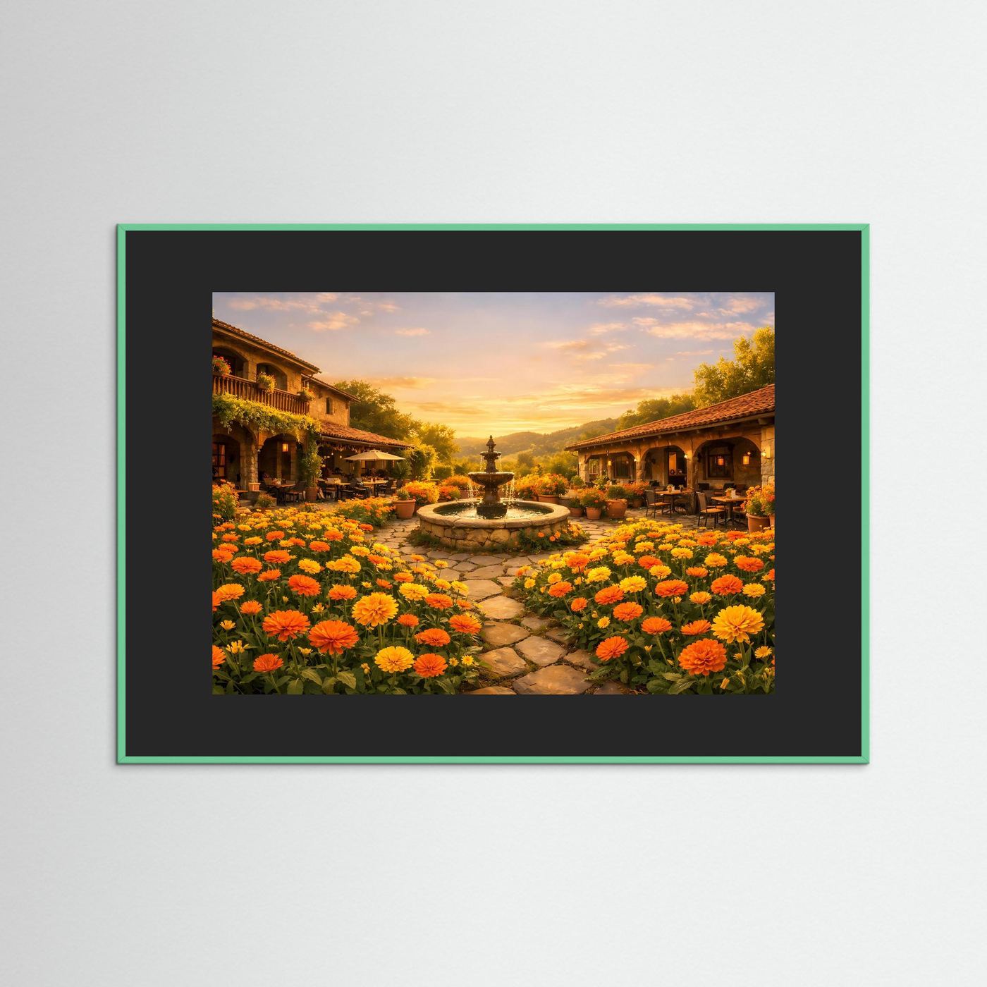 Gerahmtes Wandbild mit mediterranem Innenhof, Brunnen und bunten Blumen, grüner Rahmen